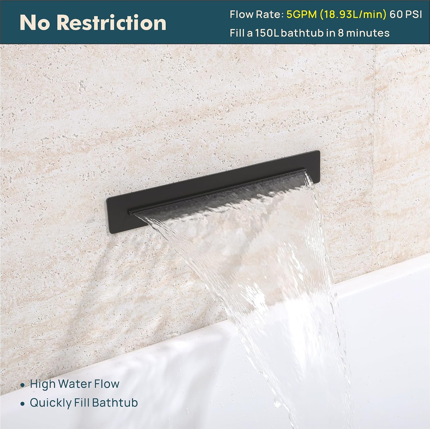 Bath Tub Spout Matte Black Wall Mount, Universal High Flow Bathroom Bathtub Faucet Set Replacement, Fits 1/2" Threaded Copper Pipes Connections