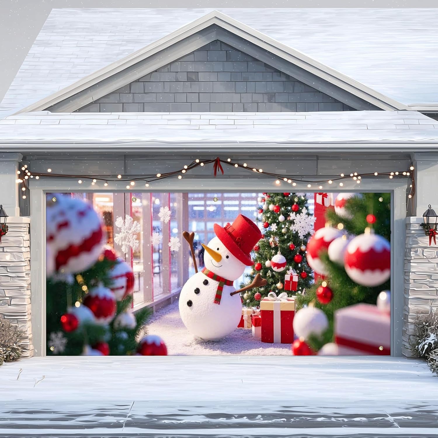 ivn christmas garage door banner 13x6 ft winter holiday banner garage door cover happy snowman in red hat with trees gifts and baubles christmas backdrop decorations for indoor outdoor xmas party