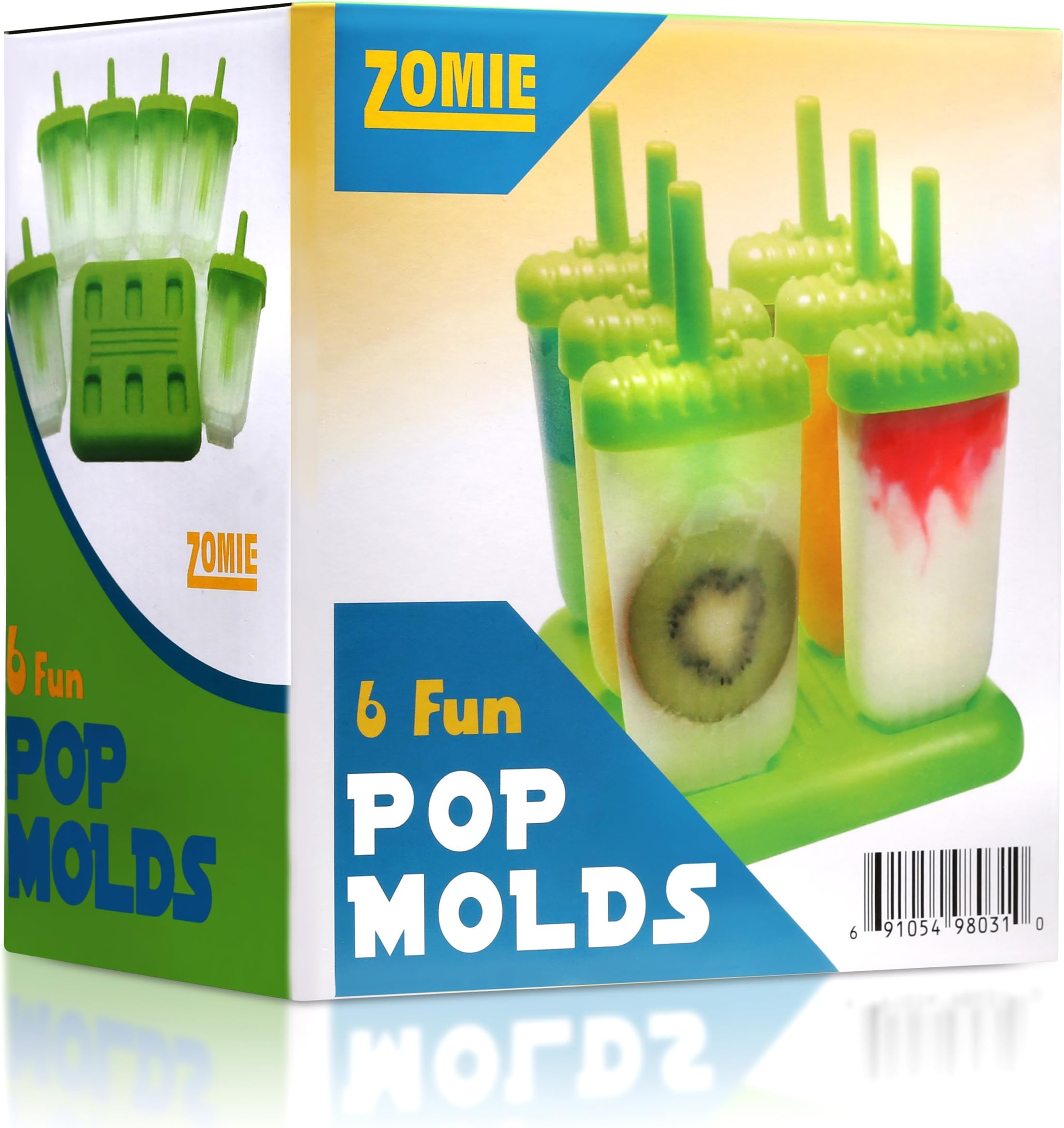 Best Popsicle Molds by Zomie TM 100% BPA FREE, Dishwasher Safe. 6-piece Green Plastic Ice Pop Mold Set with Stable Tray & Drip Guard