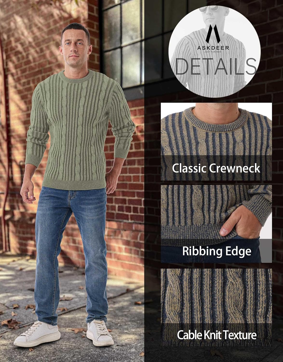 Askdeer Men's Pullover Sweater Cable Knit Casual Crewneck Sweaters Classic Soft Knitted Pullover Tops with Ribbing Edge - Image 6