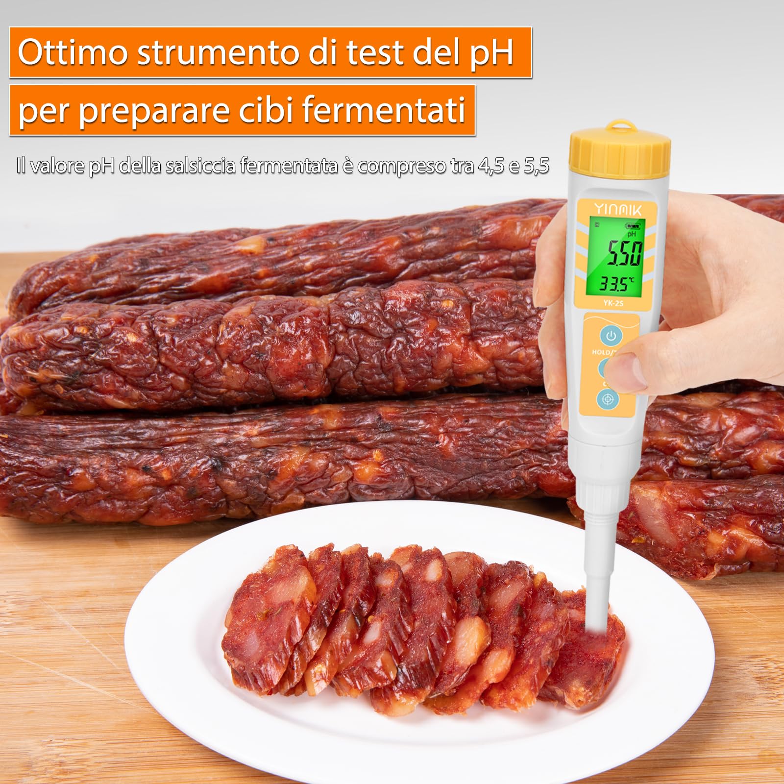 Misuratore pH per Alimenti con Sonda Sostituibile - Phmetro Lievito Madre Digitale per Carne, Impasti, Inscatolamento, Formaggio + Piaccametro per Alimenti - Yinmik Misuratore pH per Acqua e Terreni