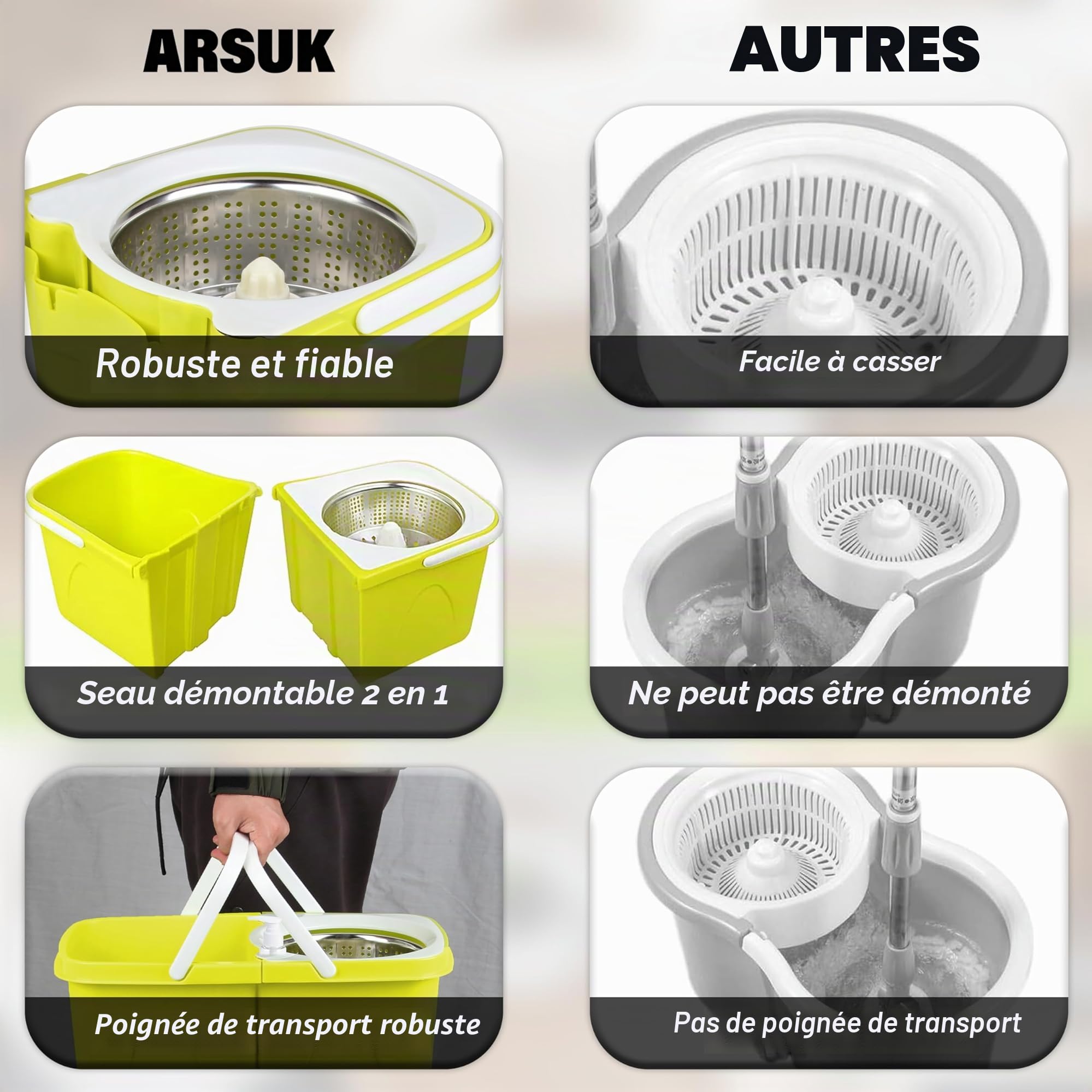 ARSUK Serpillière avec Seau Essoreur et Balai Rotatif – Ensemble Balai Serpillère pour Lavage du Sol | Seau Double Compartiment avec Essorage Automatique | 4 Têtes de Rechange et 1 Support de Balai