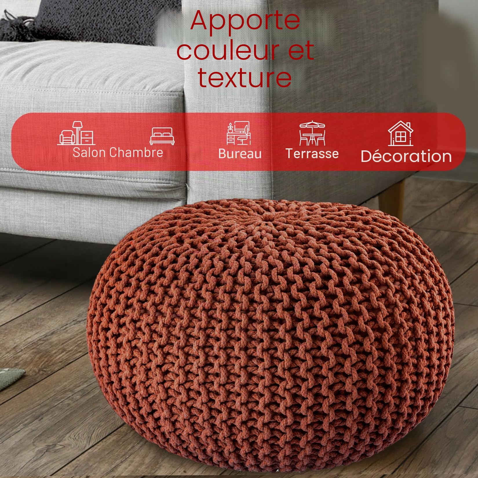 Pouf en tricot fait à la main - Diamètre : 55 cm - Avec aspect élégant en tricot grossier - Décoration intérieure (terre cuite, diamètre 55 cm)