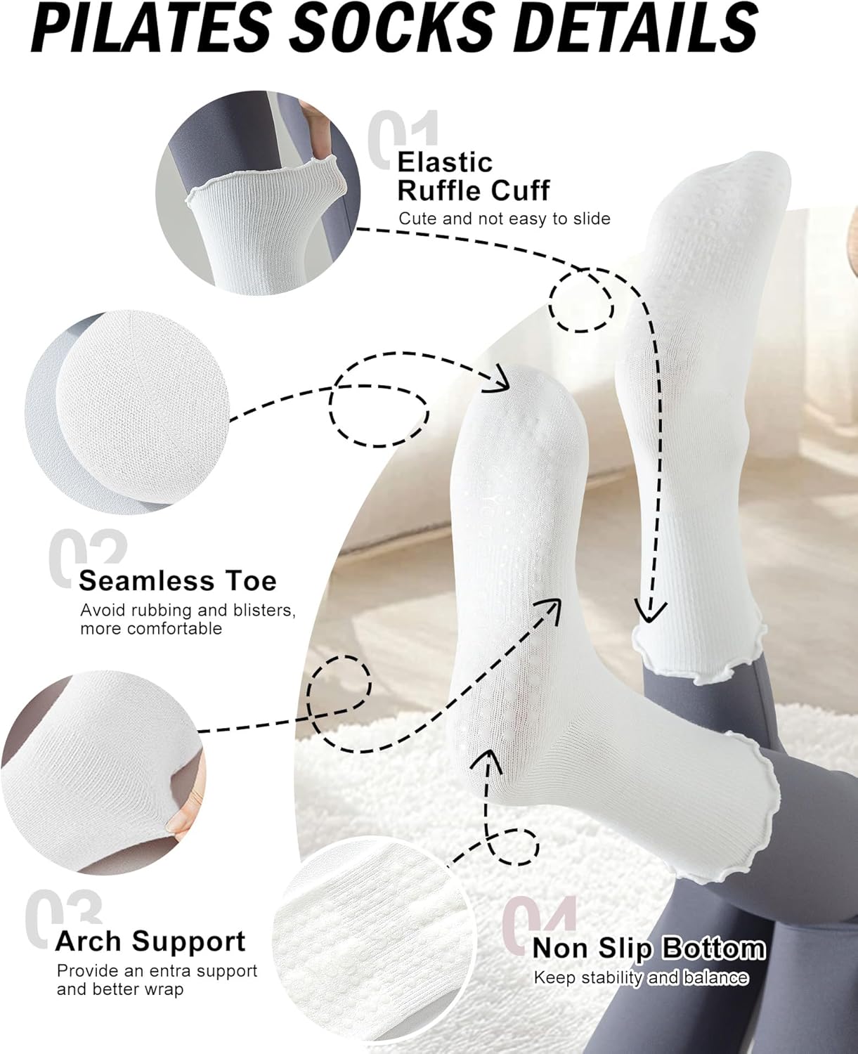 5 Paires De Chaussettes Antidérapantes Pour Yoga Et Pilates Femme - Confortables, Avec Semelle Grip Et Maintien De La Voûte Plantaire