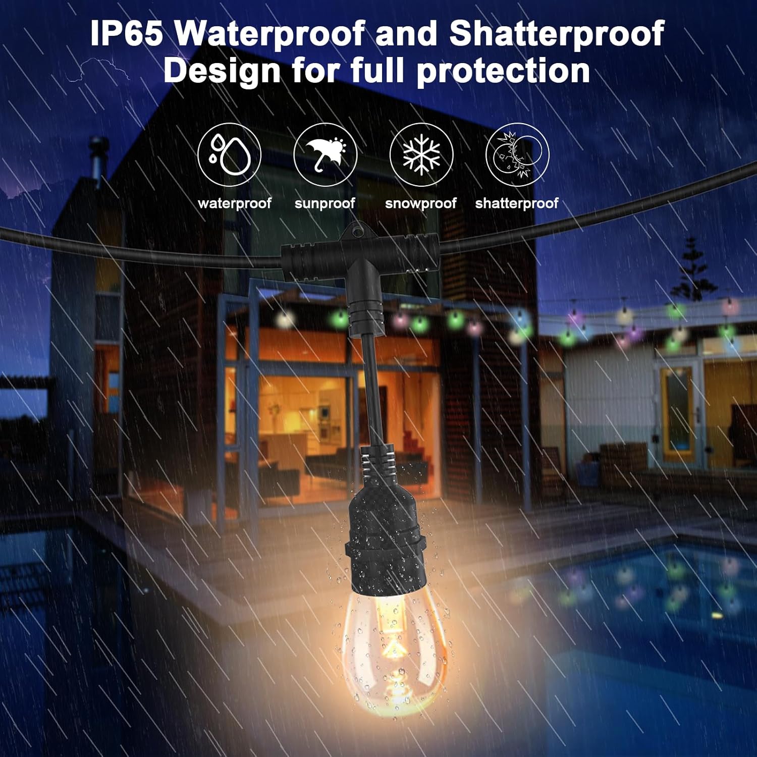 96FT Outdoor String Lights, RGBW Color Changing, Music Sync, APP Alexa & Google Assistant Compatible, Commercial Grade Hanging Bistro Lights for Mother's Day Father's Day 4th of July Easter Decor