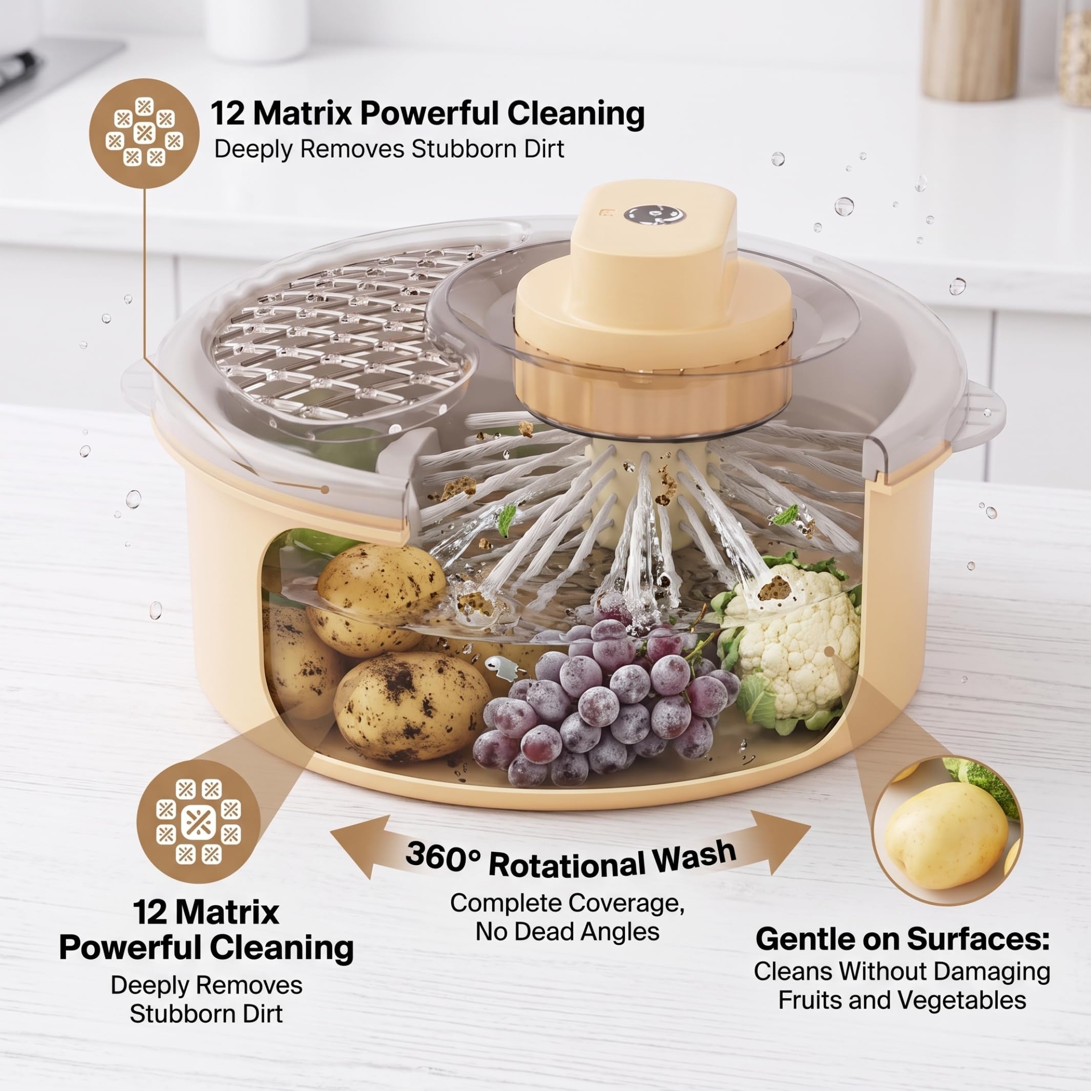 Pulitore Elettrico per Frutta, centrifuga per rondella di Verdure a 12 matrici | Detergente elettrico per frutta a 12 matrici, disidratazione rapida, batteria a lunga durata, pronto in cucina per l'uso