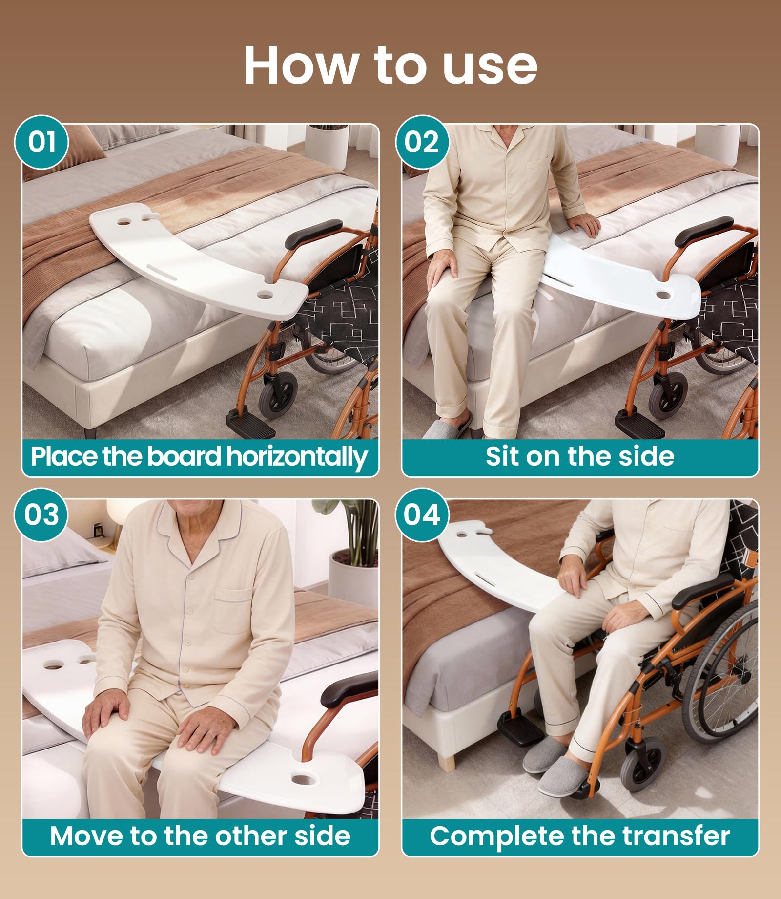 VOCIC AY07 - Tabla de transferencia para usuarios de sillas de ruedas, antideslizante, hasta 150 kg, ayuda de transferencia para pacientes en silla de ruedas, cama, inodoro con muescas, color blanco