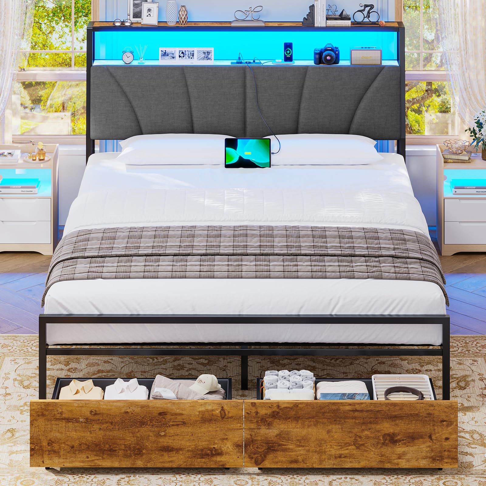 Brinlawb Bett 140x200 mit Stauraum, Lattenrost aus Metall, Bettgestell 140x200 cm mit LED & Ladestation (2 AC-Steckdosen & 2 USB-Anschlüsse), Jugendbett Doppelbett mit 2 Schubladen