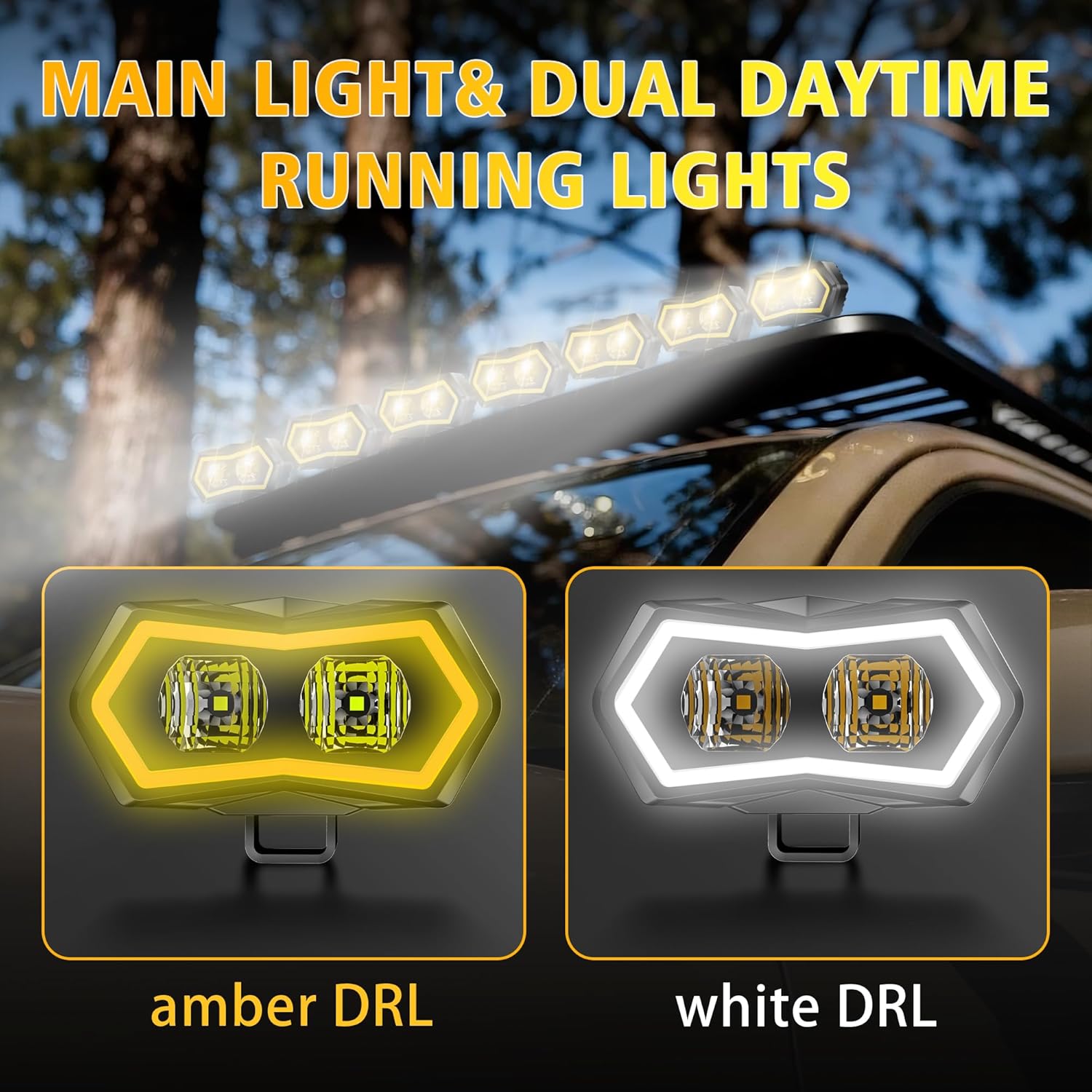 4WDKING LED Pod Lights with Amber/White DRL 4 Inch Offroad Driving Super Bright Flood Light for LED Auxiliary Work Lights for Truck UTV ATV SUV 4x4 (1PC)