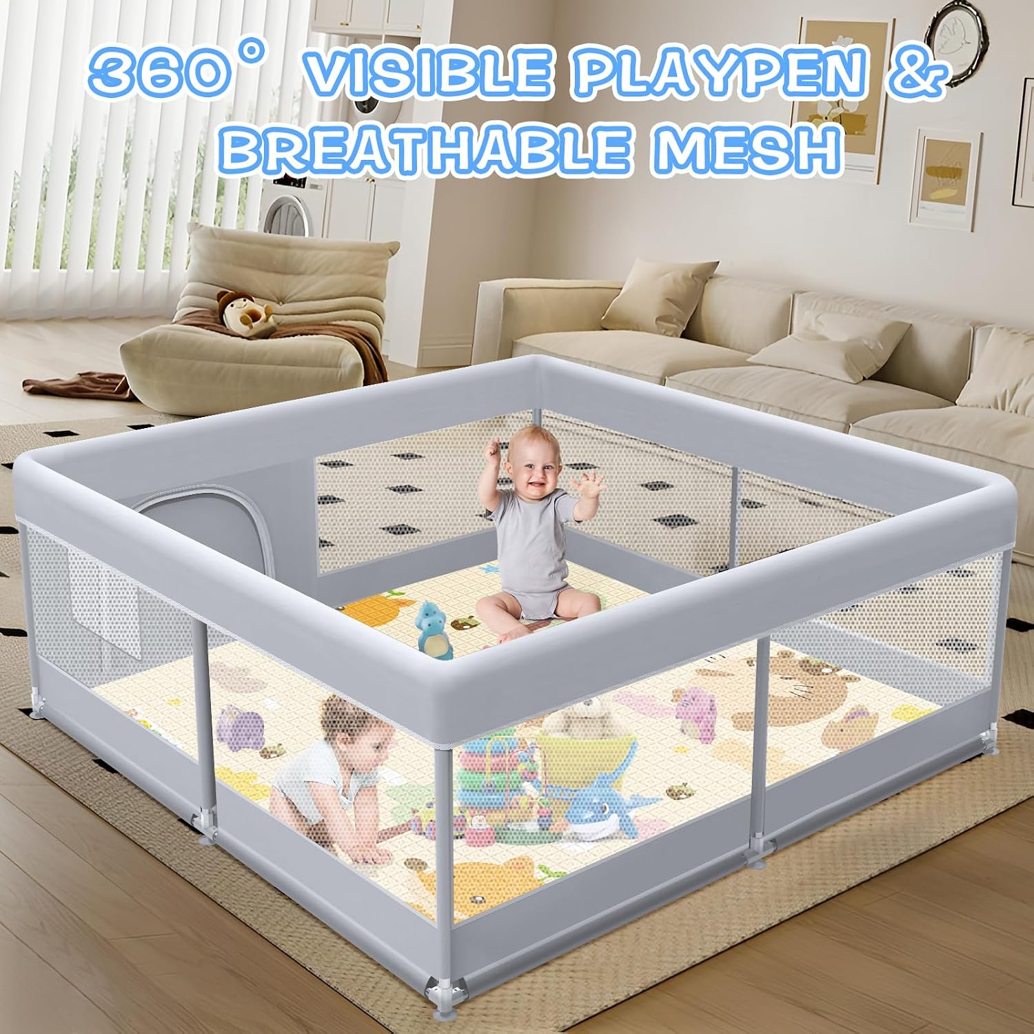 ベビーサークル 50×50×27インチ ベビープレイペン ベビープレイヤード 赤ちゃんと幼児用 ゲート付き 屋内&屋外 【ジッパ】