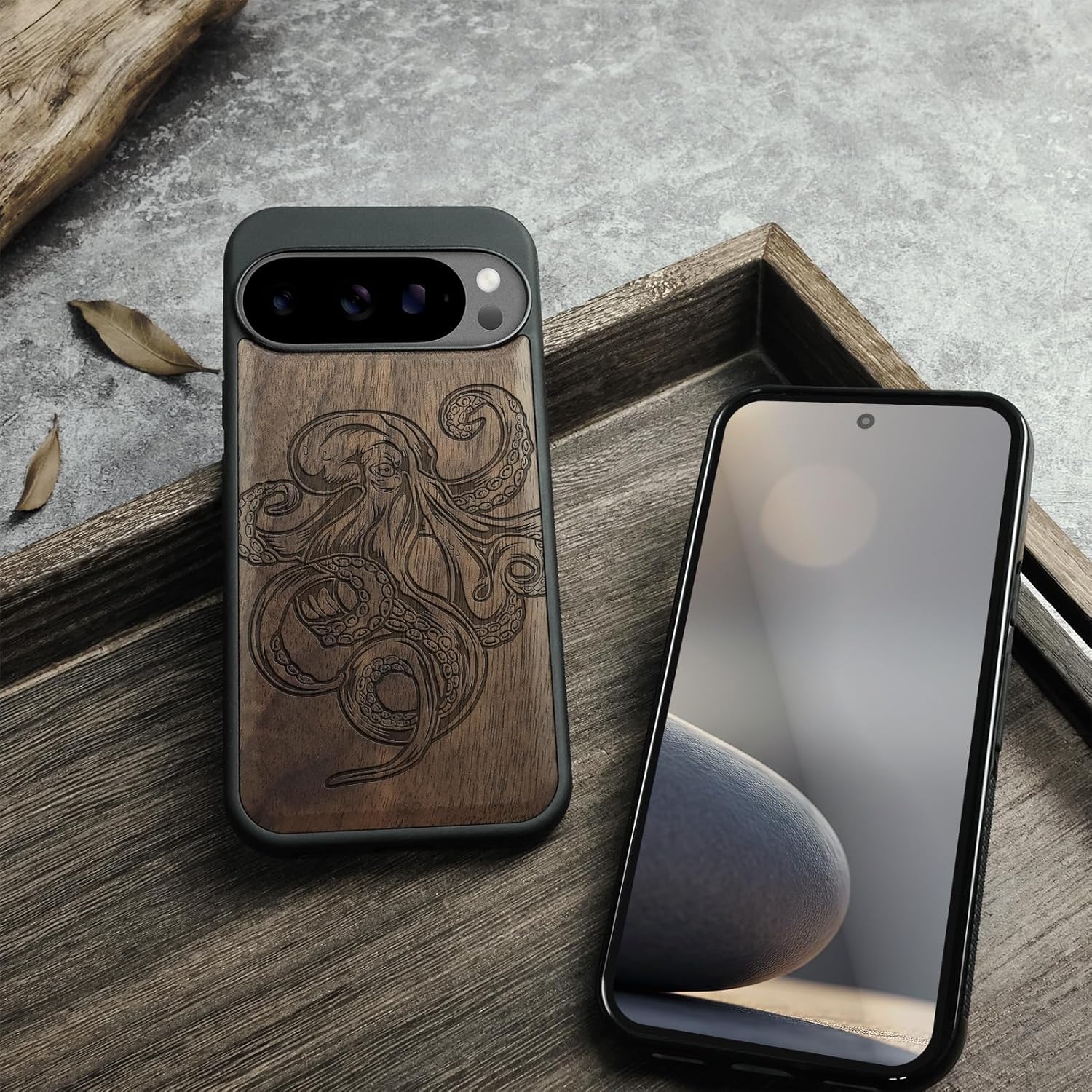 Carveit Magnetic Wooden Case for Pixel 10 Pro Google 10 Pro Case, Wood Artisan Engraved & Soft TPU Shockproof Cover, Compatible with MagSafe Wireless Chargers (Octopus Drawing) Walnut