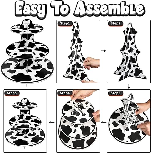 Miniatura 4 de Juego de 2 soportes redondos de cartón para cupcakes de 3 niveles con estampado de vaca de granja para 24 cupcakes, perfecto para decoraciones de