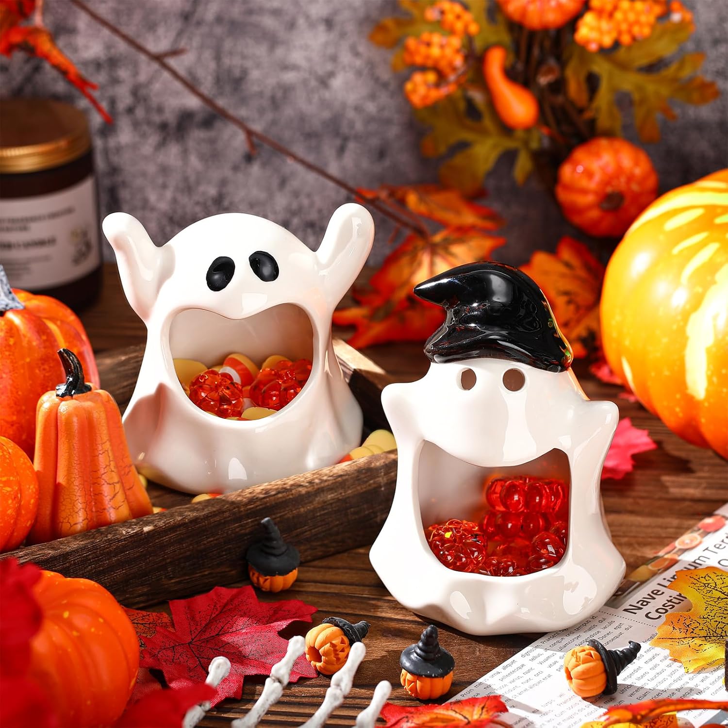 Huwena 2 Pcs Halloween Candy Dish Holder Ghost Ceramic