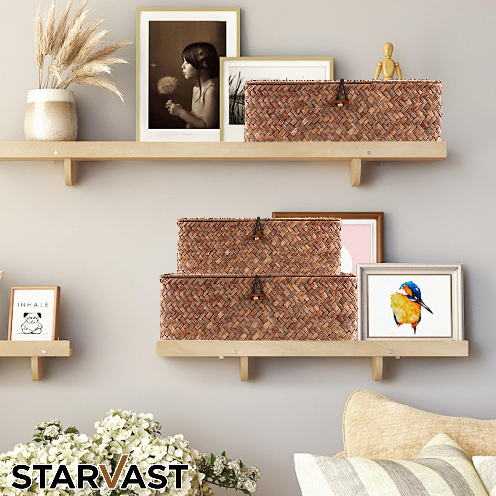 STARVAST Lot de 2 paniers de rangement rectangulaires en jonc de mer avec couvercle tressé naturel avec sections pour organiser les jouets à collation, les tampons