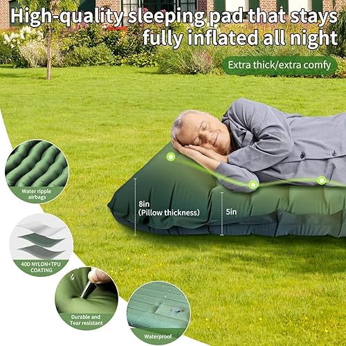 Miniatura 3 de Almohadilla de dormir para camping, extra gruesa de 5 pulgadas, ultraligera para acampar con almohada, bomba de pie integrada, almohadillas