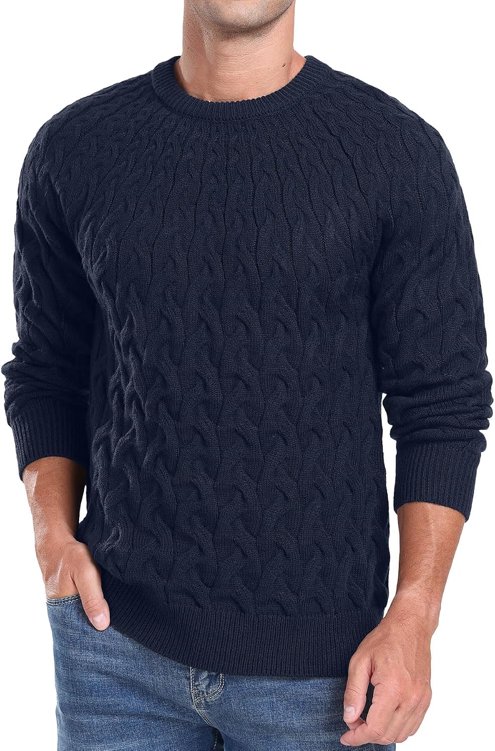 Askdeer Men's Cable Knit Pullover Sweater Long Sleeve Crewneck Sweater Casual Soft Knitted Sweater with Ribbing Edge