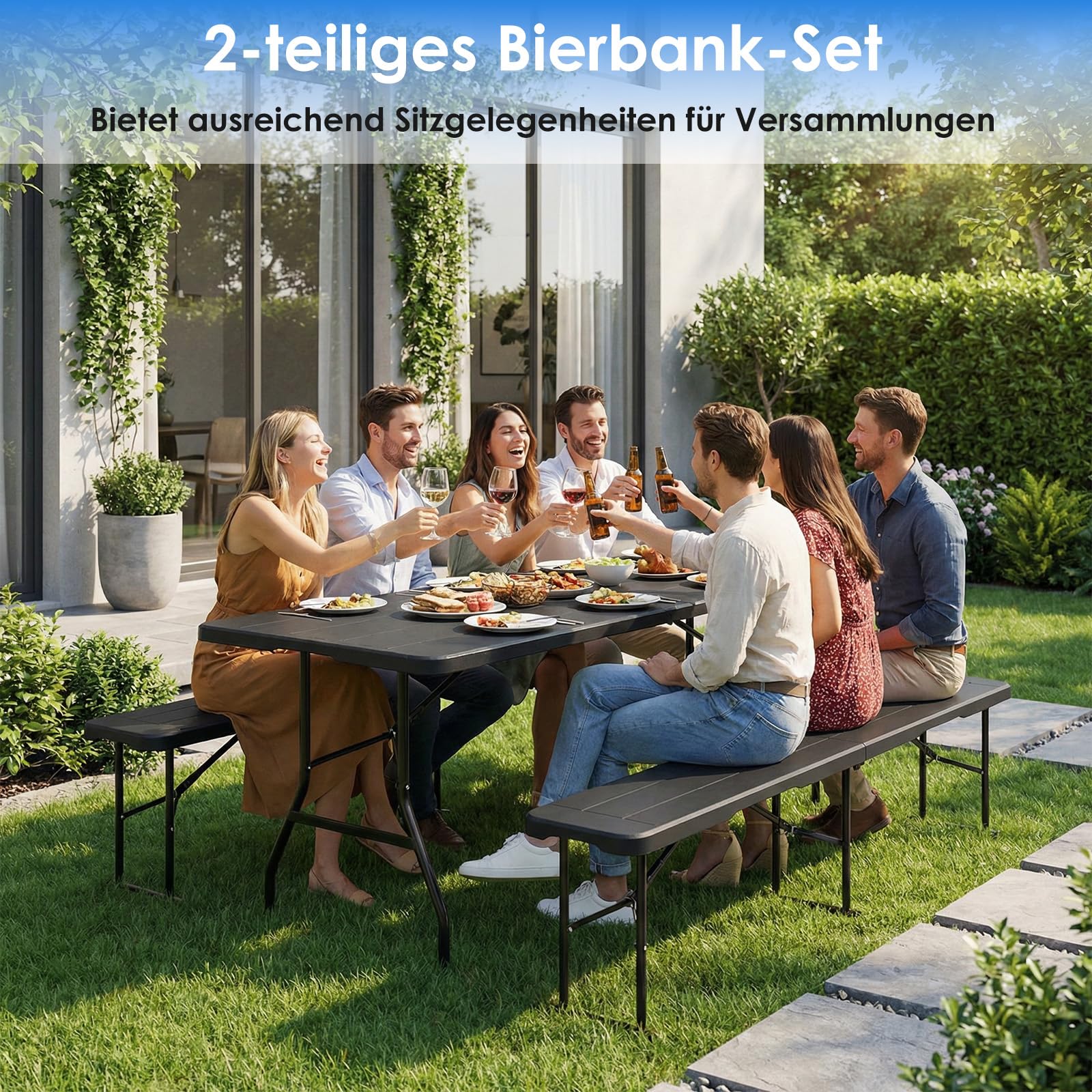 2 pcs Panchine da Birra Pieghevoli 180 cm, Panche Pieghevoli Birreria con maniglia, Panchina da Campeggio in plastica HDPE, Panchina da Giardino per campeggio feste da giardino, Ottica in Legno