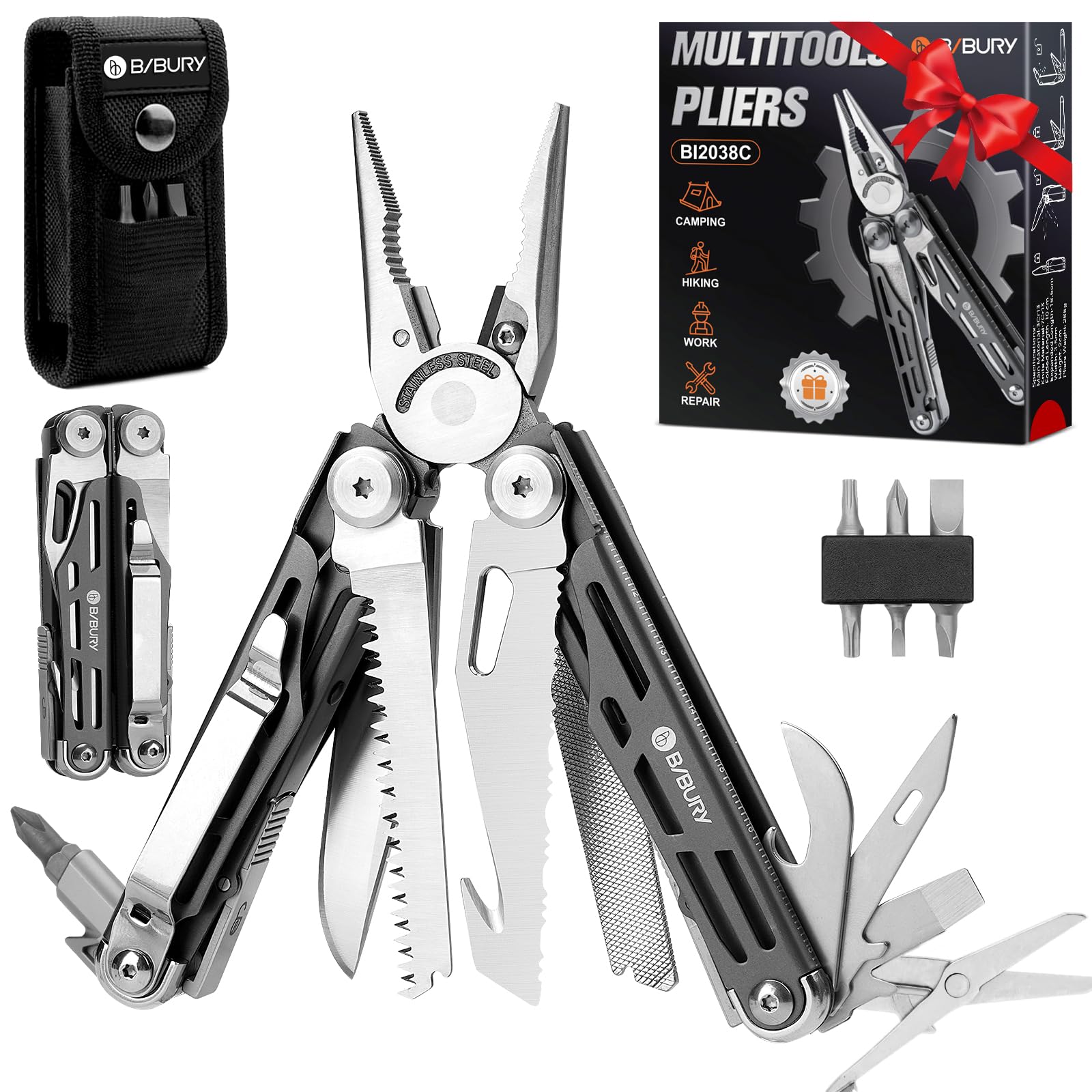 BIBURY Multiherramienta, Alicates Plegables Multiusos con Recubrimiento de Titanio, Herramienta Ideal para Acampar, Senderismo, Reparaciones - Regalo Original para Hombre, Papá, Cumpleaños - BI2038C