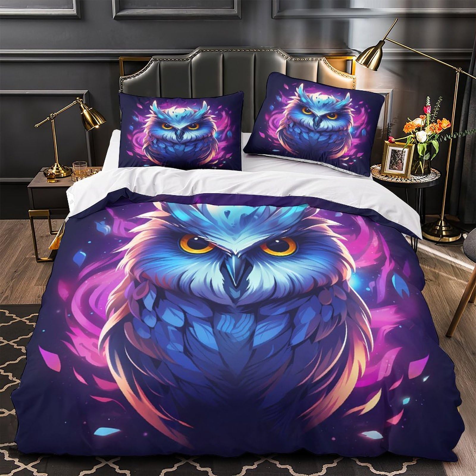 Housse de couette hibou 3d microfibre 135x200 parure lit single