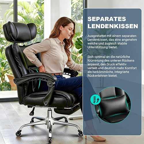 BASETBL Fauteuil Bureau 200kg, Chaise Bureau Ergonomique Confortable, Coussin de Siège en Ressort, Tête Reposable Ajustable, Repose-Jambes Multifonction, roulettes en Caoutchouc silencieuses, EN12520 - 6