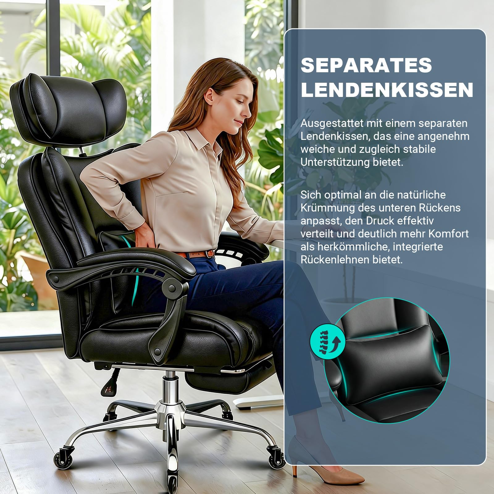 BASETBL Bürostuhl 200kg, Chefsessel mit 4-stufiger Gasdruckfeder, 3D Armlehnen, Verstellbarer Lendenstütze & Kopfstütze, Leises Gummirollen, XXL breiter Sitz, EN12520, ergonomischer Schreibtischstuhl