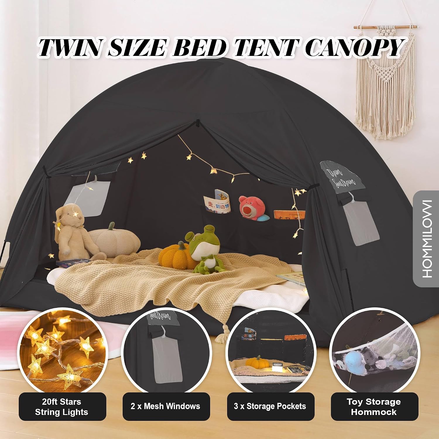 Hommi Lovvi Twin Bed Tent for Boys, Indoor Blackout Sleeping Tent with Dreamy Canopy, Breathable Privacy Bunk Beds, Ideal for Drafty Rooms or Cottage-Style Spaces, Black