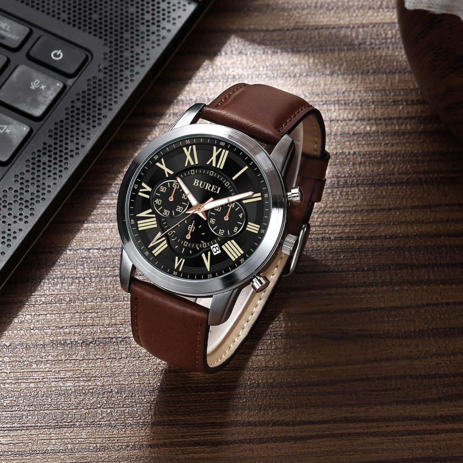 BUREI Men's Leather Watches Chronograph Quartz Watches for Men Classic Fashion Wristwatch Relojes para Hombres,Gift for Men(Brown Black) - Image 3