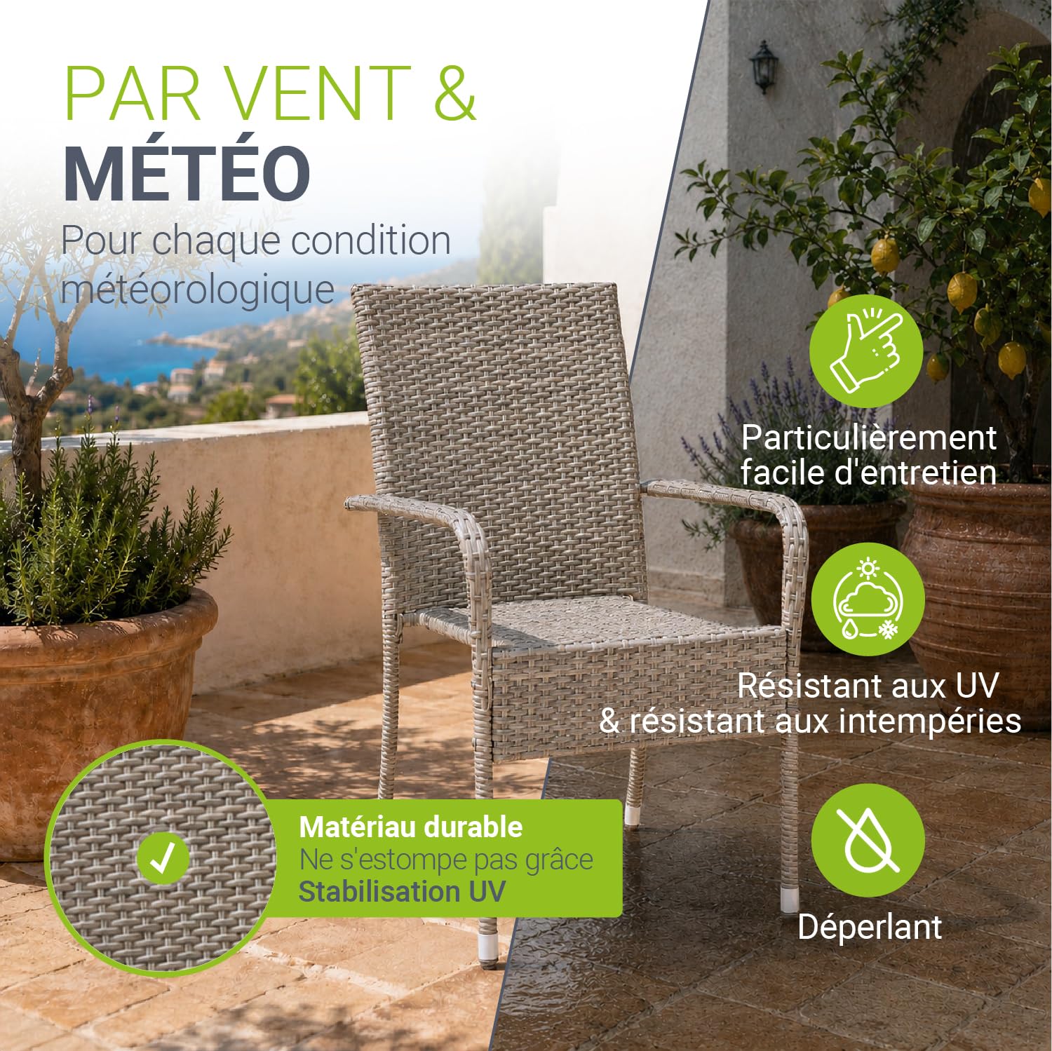 Juskys Ensemble de 4 chaises de Jardin Yoro en rotin avec accoudoirs et Dossier - 4 chaises empilables - Chaise en rotin pour Le Jardin - Chaise empilable Chaise de Balcon Gris chiné