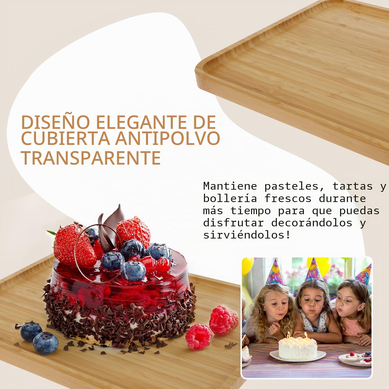 Soporte de bambú para tartas con tapa de cúpula de 36,5 x 27 x 15 cm, plato rectangular para cupcakes, bandeja de servidor, tabla de queso para cumpleaños, boda, fiesta, pan, postres