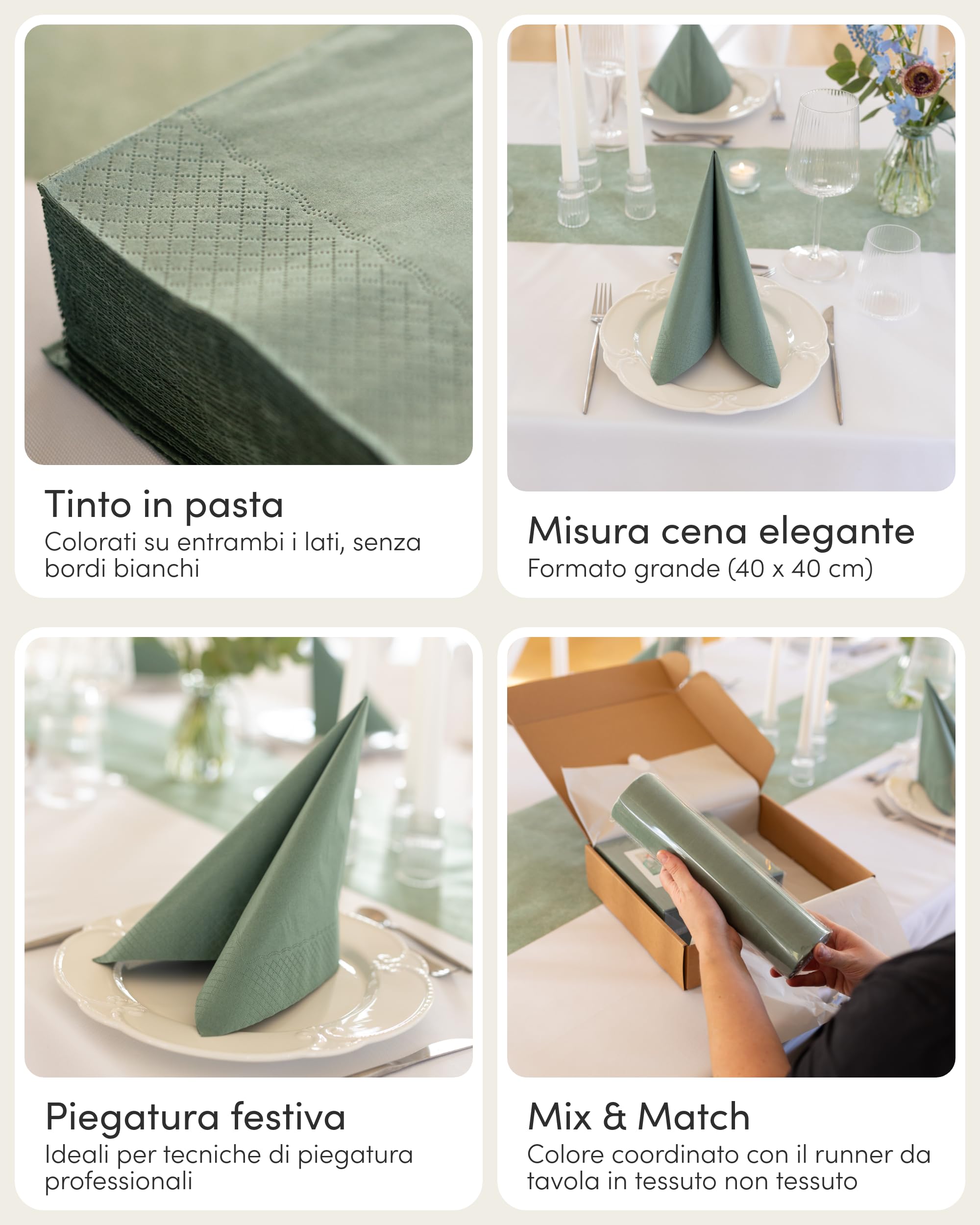 100% Mosel Tovaglioli in Tissue, 50 Pezzi (40 x 40 cm), Verde Eucalipto, tovaglioli di carta colorati su entrambi i lati per Matrimonio & Battesimo