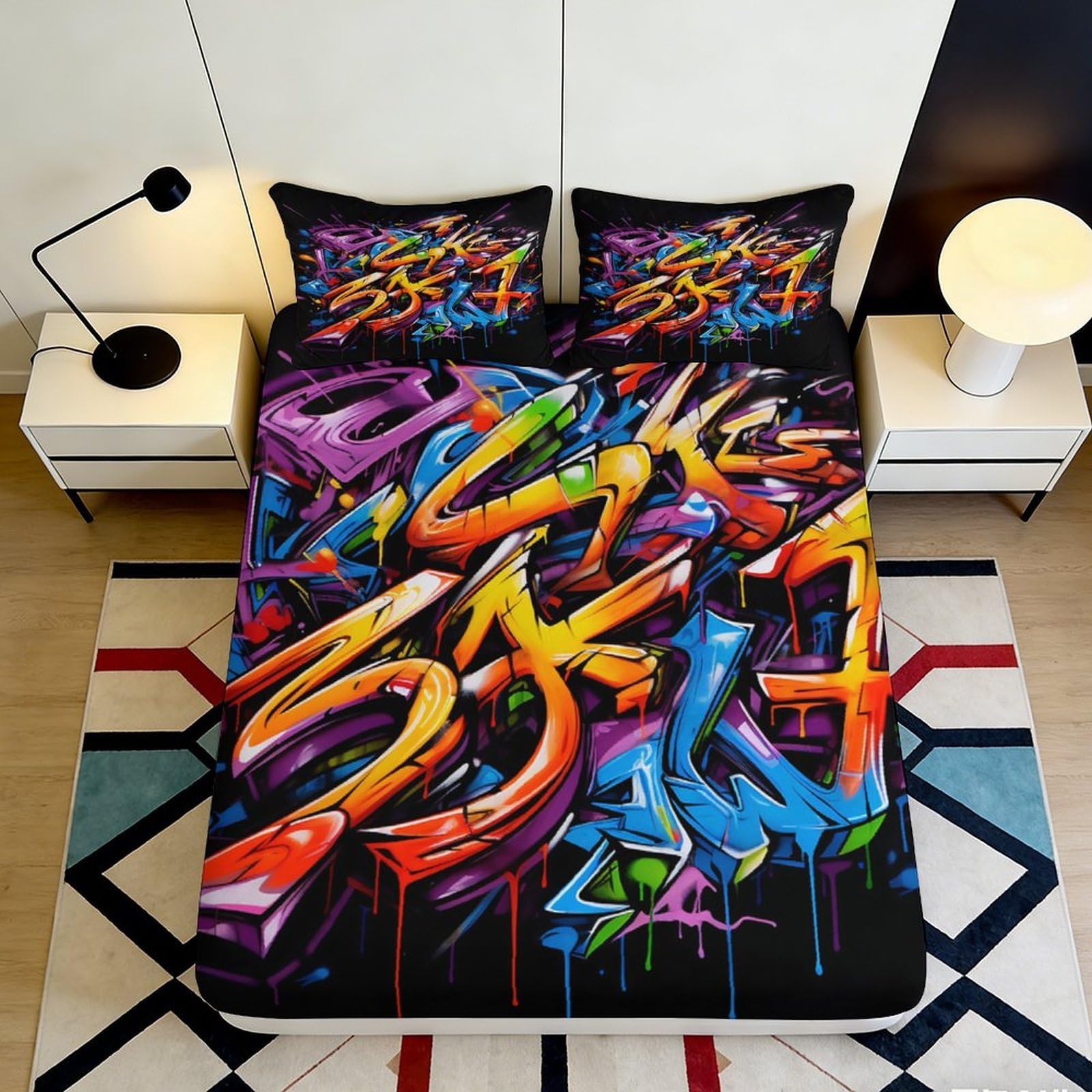 3D Printed Graffiti Art Fitted Sheet Microfiber Vibrant Street Style Mattress Cover for Bedroom Dorm Mattress Protection Decor 120x200x25cm