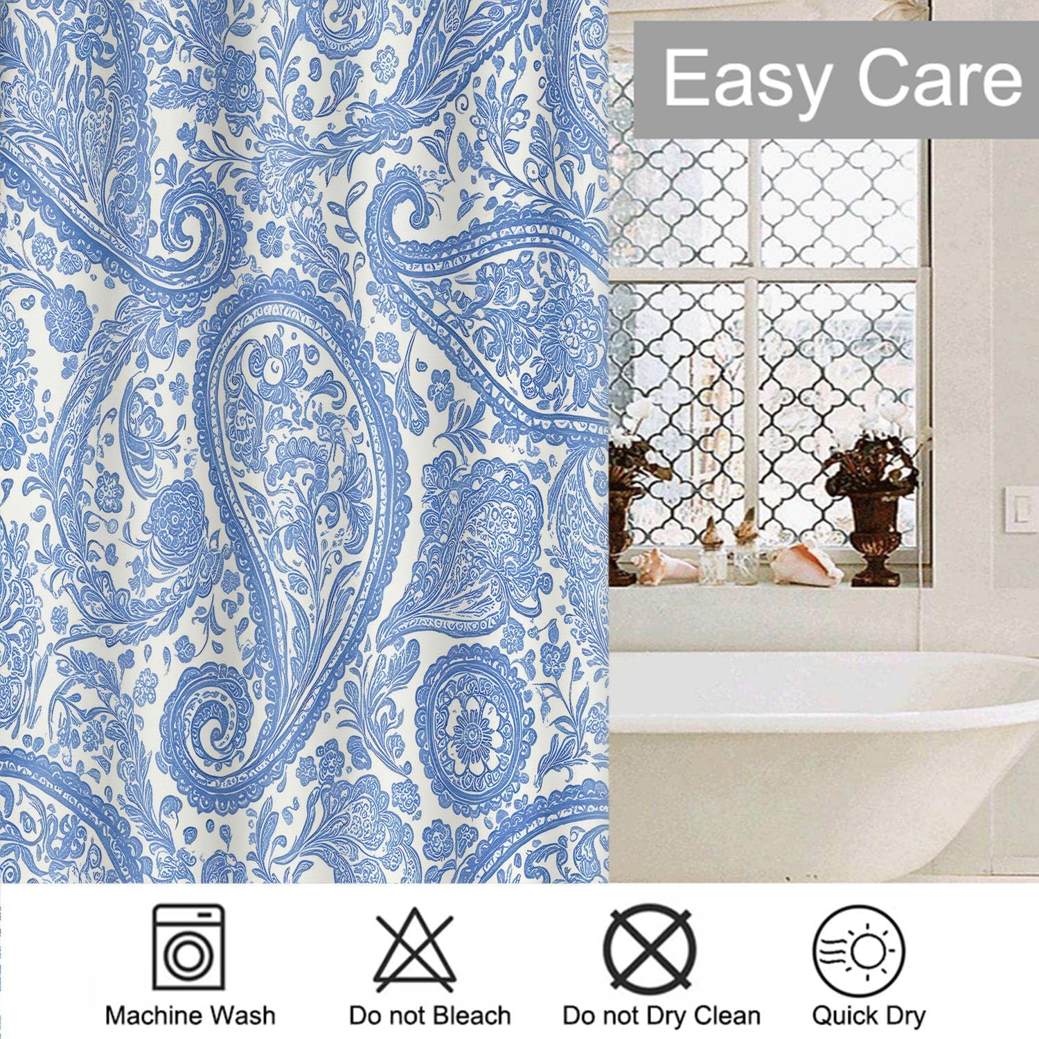 Moslion Paisley Floral Boho Blue Shower Curtains Bathroom Curtain Waterproof with Hooks 72x72 Inch for Men Women Boys Girls