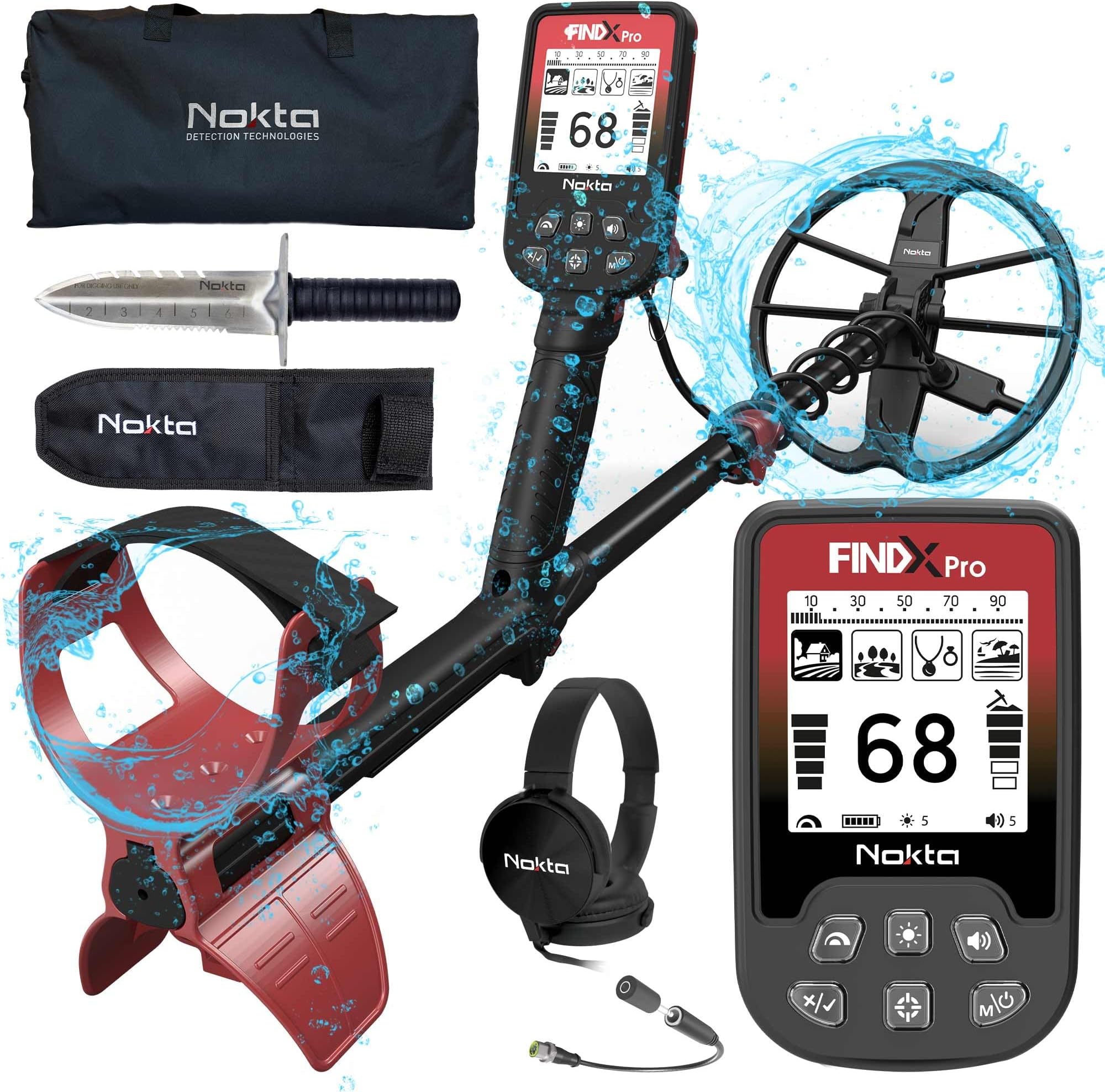 Nokta Findx Pro Metal Detector for Adults, Professional Lightweight Waterproof Gold Detector, Pinpoint, USB Rechargeable, Backlit LCD, Complete Kit with Headphones, Carrying Bag, Premium Digger