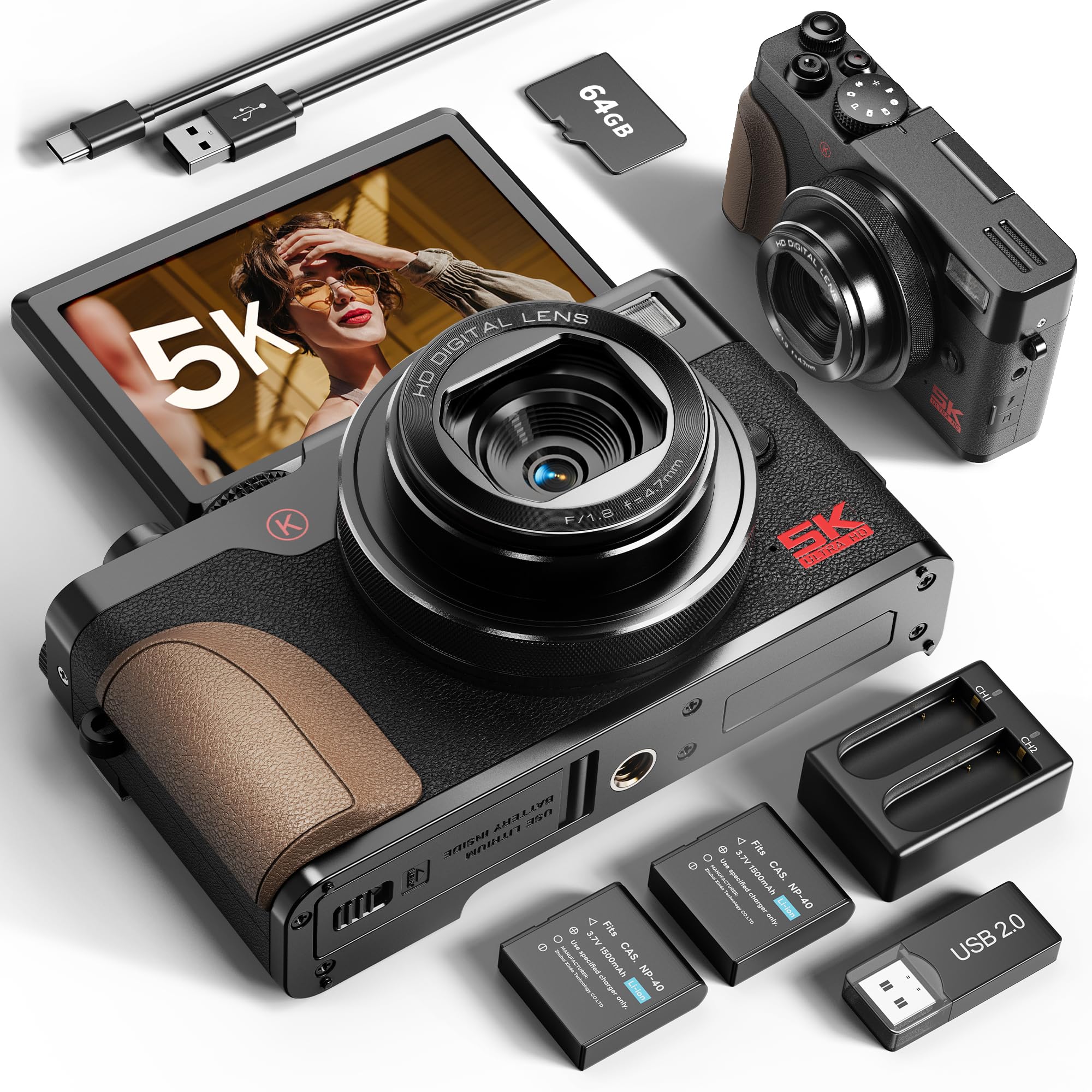 NBD 64MP 5K Digital Camera with 180-degree flip screen