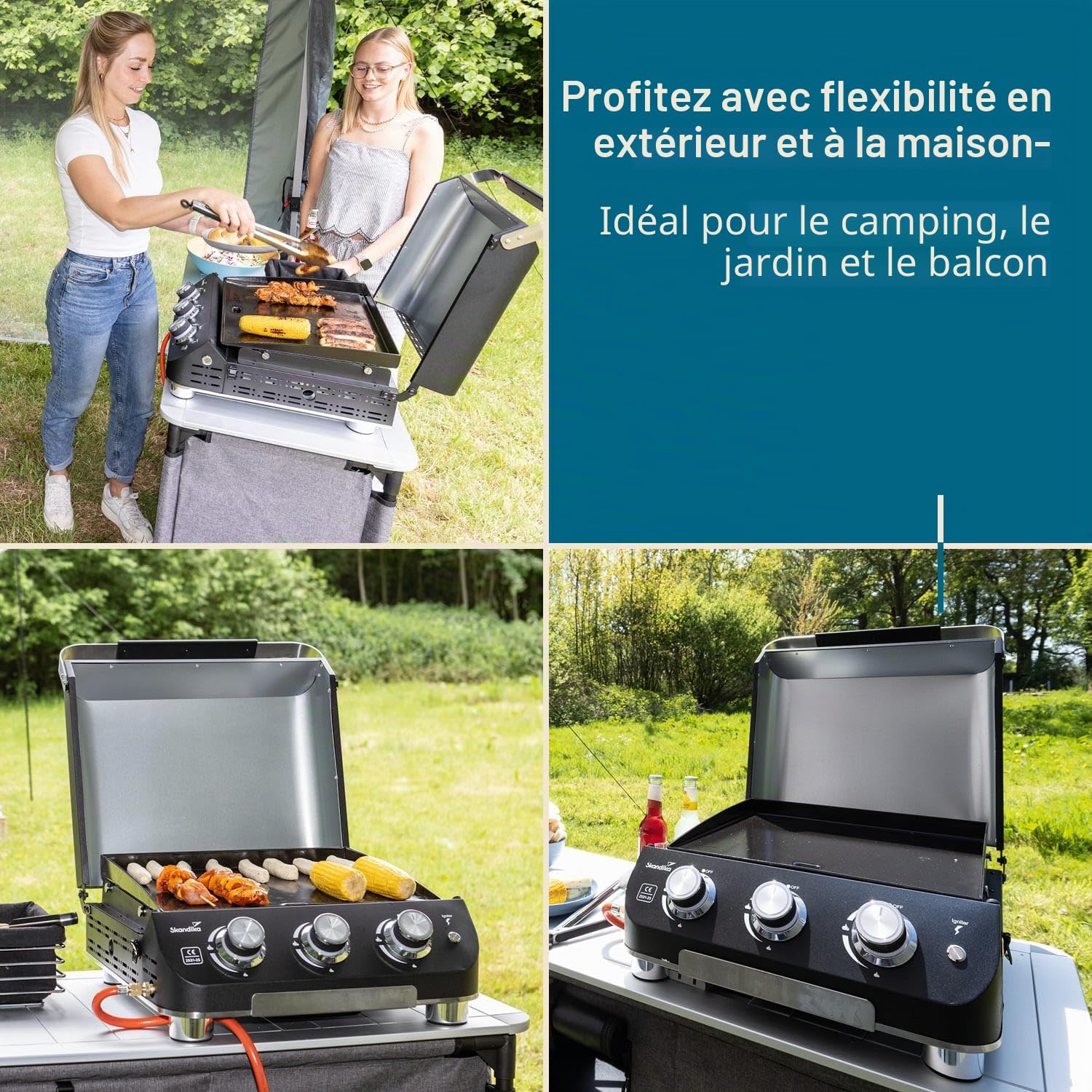 Skandika Plancha à gaz Palo | Plaque de cuisson à 3 brûleurs, égouttoir, barbecue à gaz transportable avec plaque plancha | Camping, bbq de table, jardin
