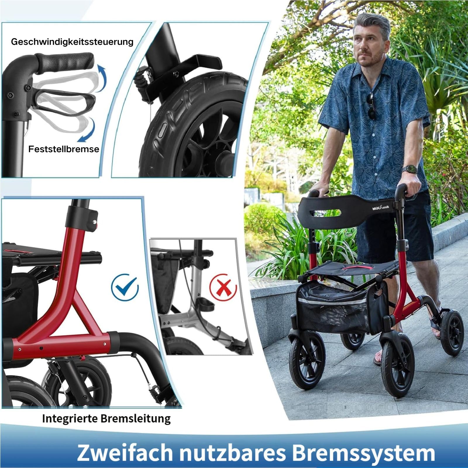 MAXWALK Rollator Faltbar und Leicht mit Sitz,30cm Reifen für Allen Gelände | Outdoor Leichter Rollator mit Gummirädern,Integrierte Seilzugbremsung,Aluminium Höhenverstellbarer Rollatoren für Senioren