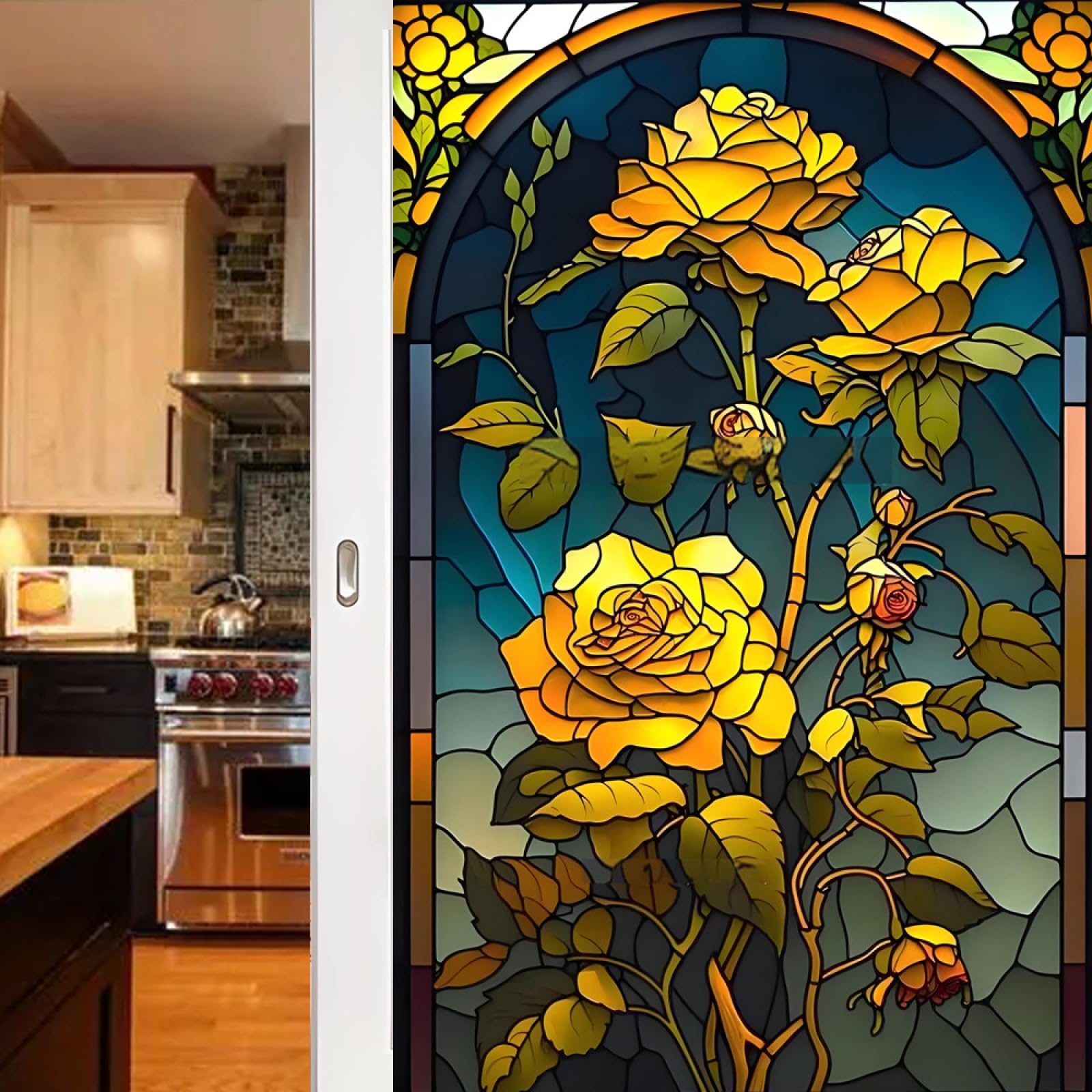 Window Film Privacy Yellow Flower Leaves Glass Frosted Privacy Film For Glass Windows Static Cling No Glue Window Films Covering Self Adhesive Anti Uv For Office Bathroom Home 50x100cm/1pcs