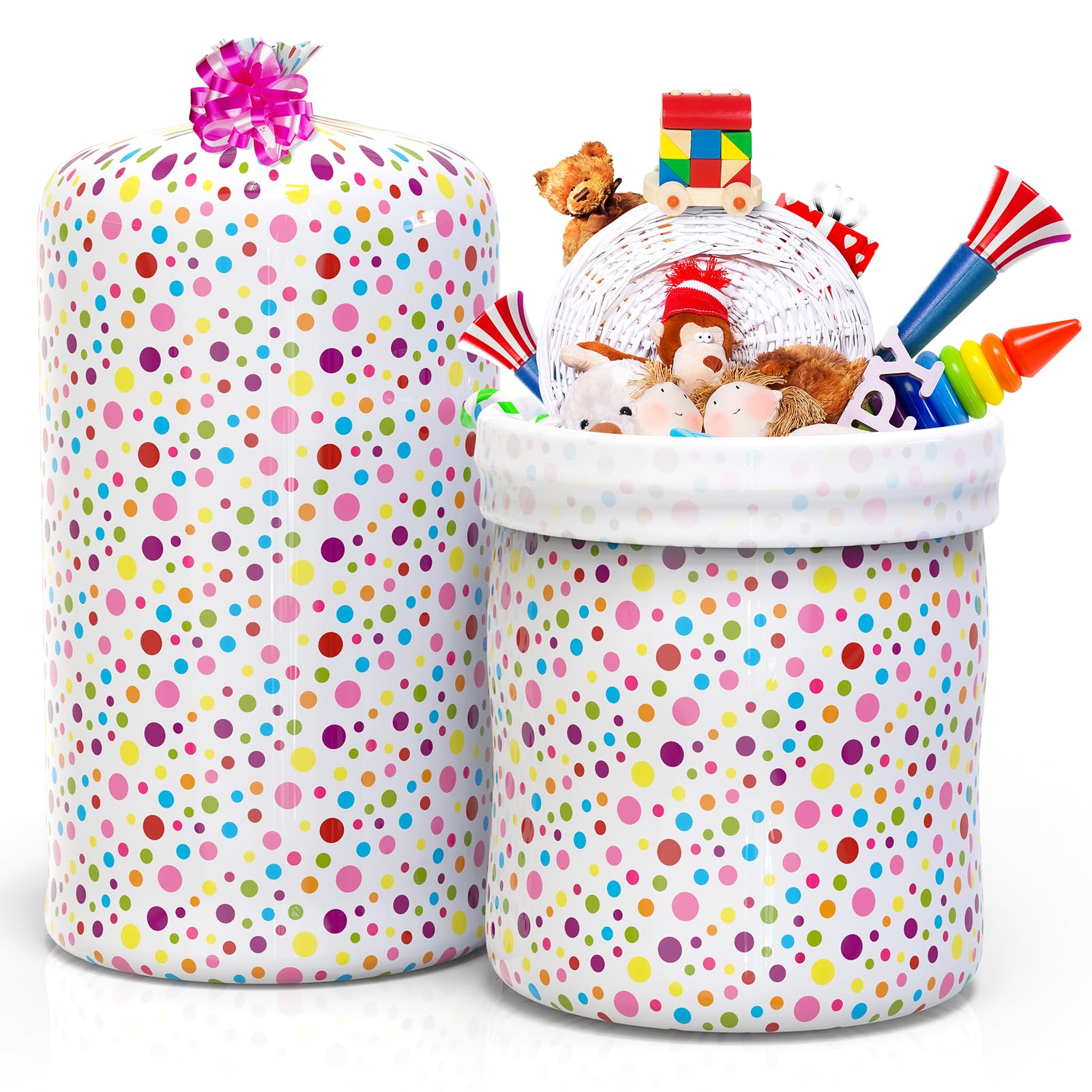 Jumbo Holiday Plastic Gift Bag, 2-Pack Gift Bags Oversized Plastic Storage Bags 70"x 36", with 2 Pcs Pull Flowers for Hanukkah, Christmas, Father's Day, Birthday, Graduations, Baby Showers