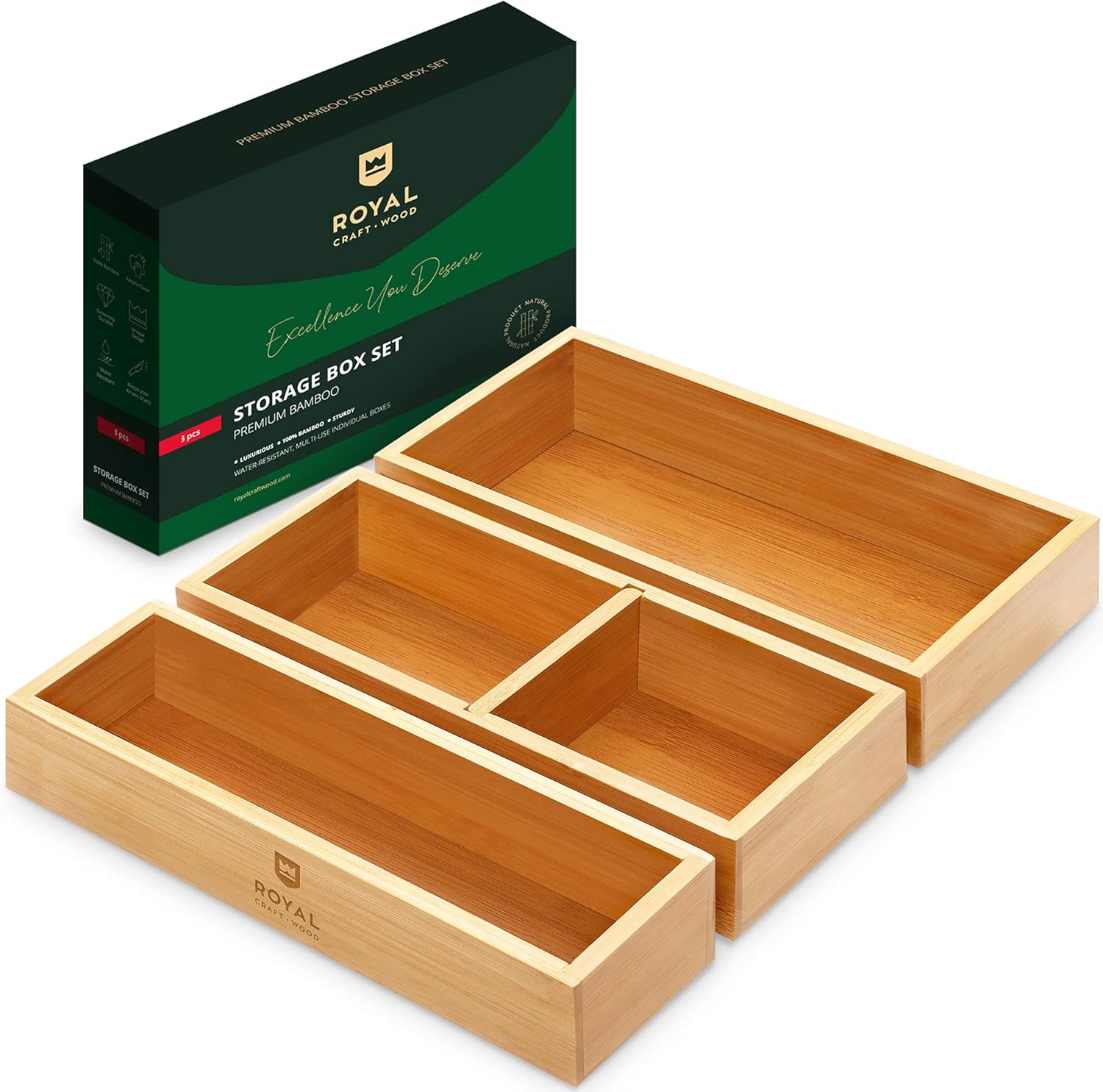 Luxury Bamboo Drawer Organizer Storage Box / Bin Set - Multi-Use Drawer Organizer for Kitchen, Bathroom, Office Desk, Makeup, Jewelry (5 Boxes) : Everything Else