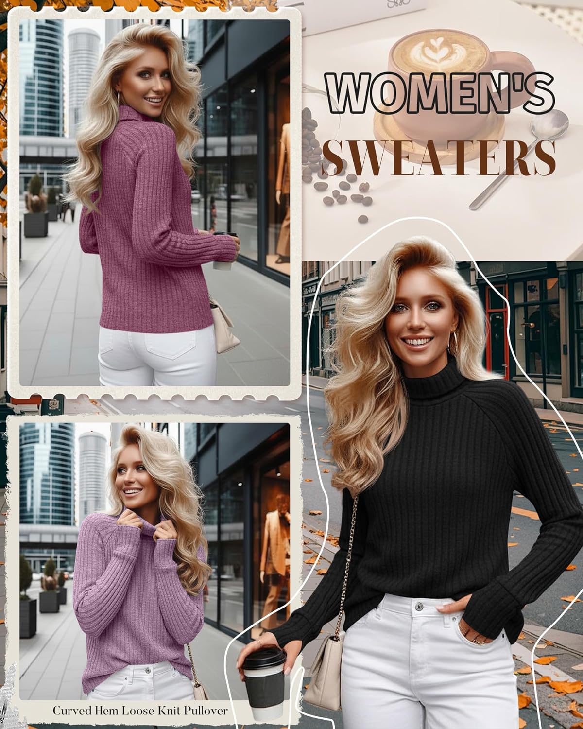 Ficerd 3 Pack Women's Turtleneck Long Sleeve Tunic Sweater Thumbhole, Ribbed Raglan Curved Hem Knit Shirts Loose Fall Winter - Image 2