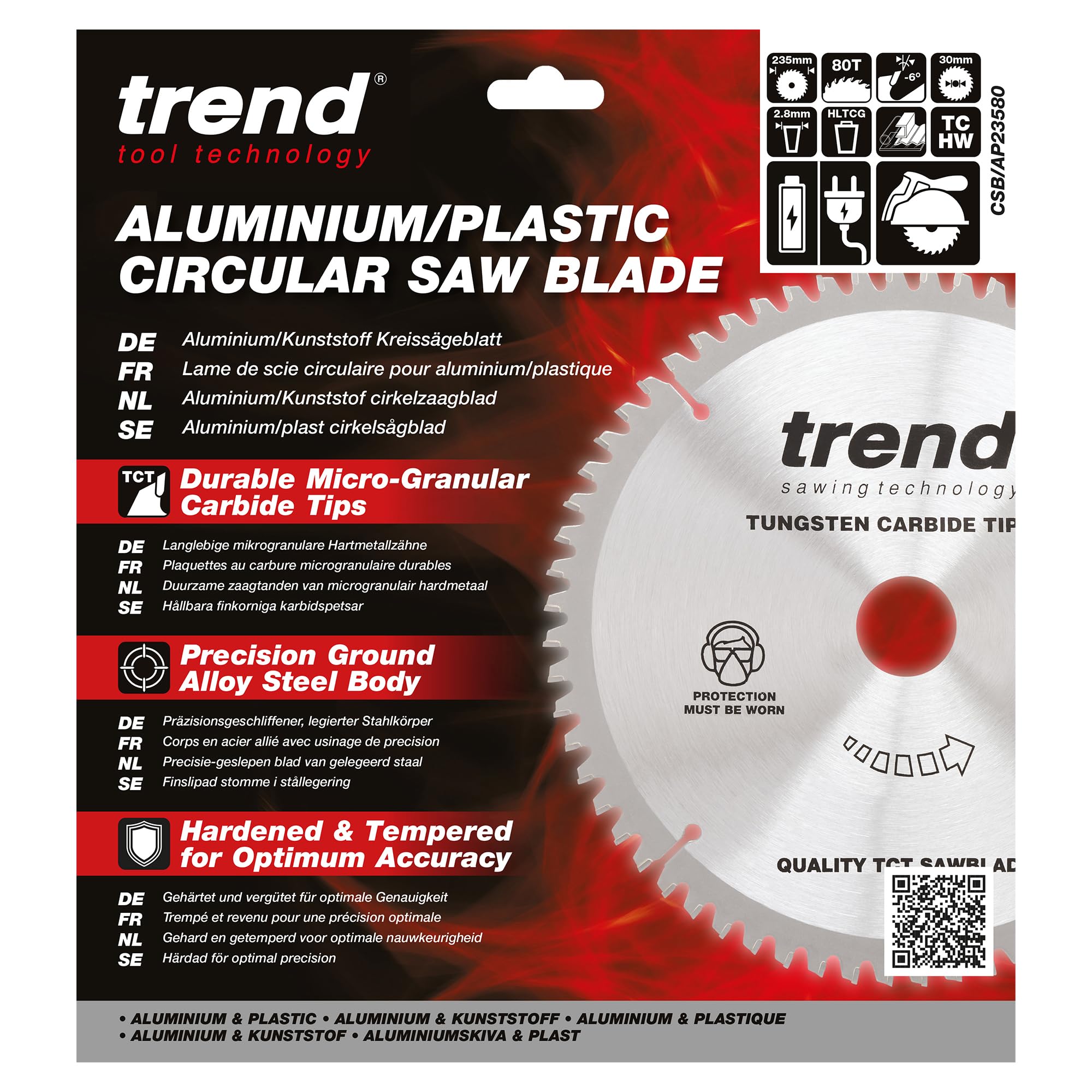 Trend Lame de scie circulaire en aluminium et plastique, diamètre 235 mm, alésage 30 mm, 80 dents, trait de scie 2,8 mm, crochet -6°, TCT, finition extra fine, CSB/AP23580