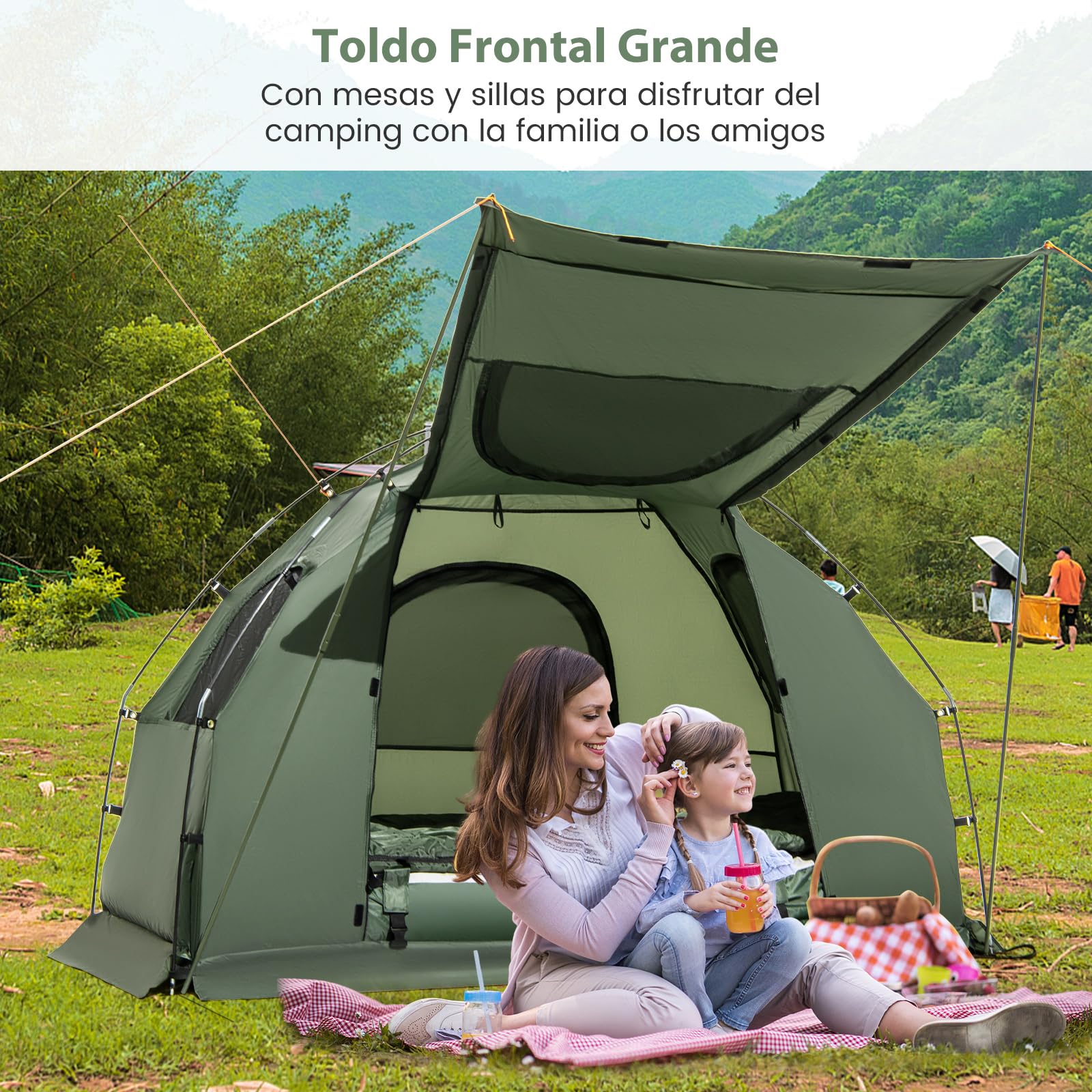 COSTWAY Tienda de Campaña para 1/2 Persona, 5 en 1 Tienda Camping con Cama Plegable Camping, Colchón de Aire, Almohada, Saco de Dormir, Tienda Iglú Impermeable Bolda de Transporte