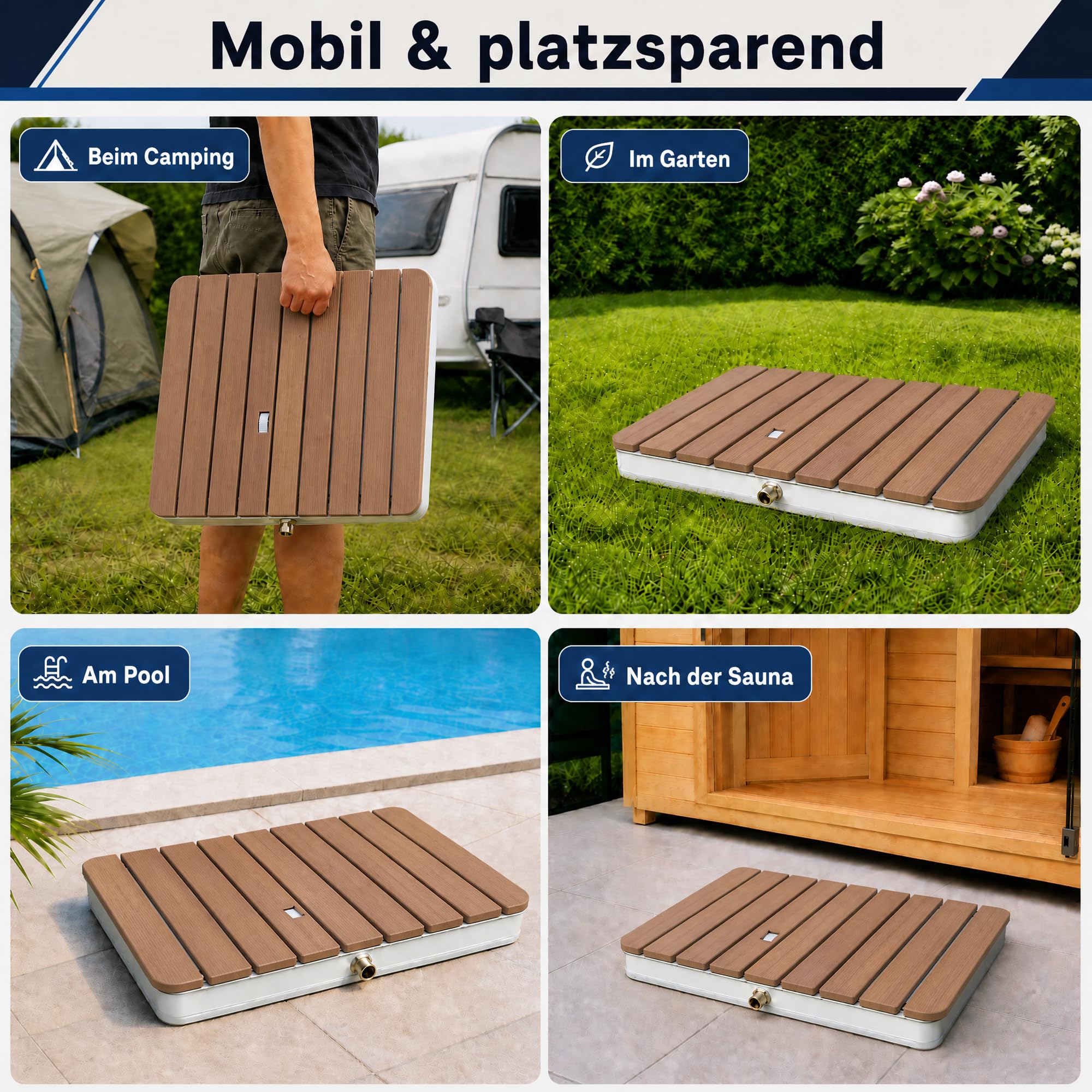 @tec Gartendusche, 70 x 55 cm, Bodendusche für Garten, Pool & Camping, WPC-Bodenplatte mit 22 Fontänen, Fußventil mit Stellrad, 3/4-Zoll Schlauchanschluss, mobil, bis 120 kg