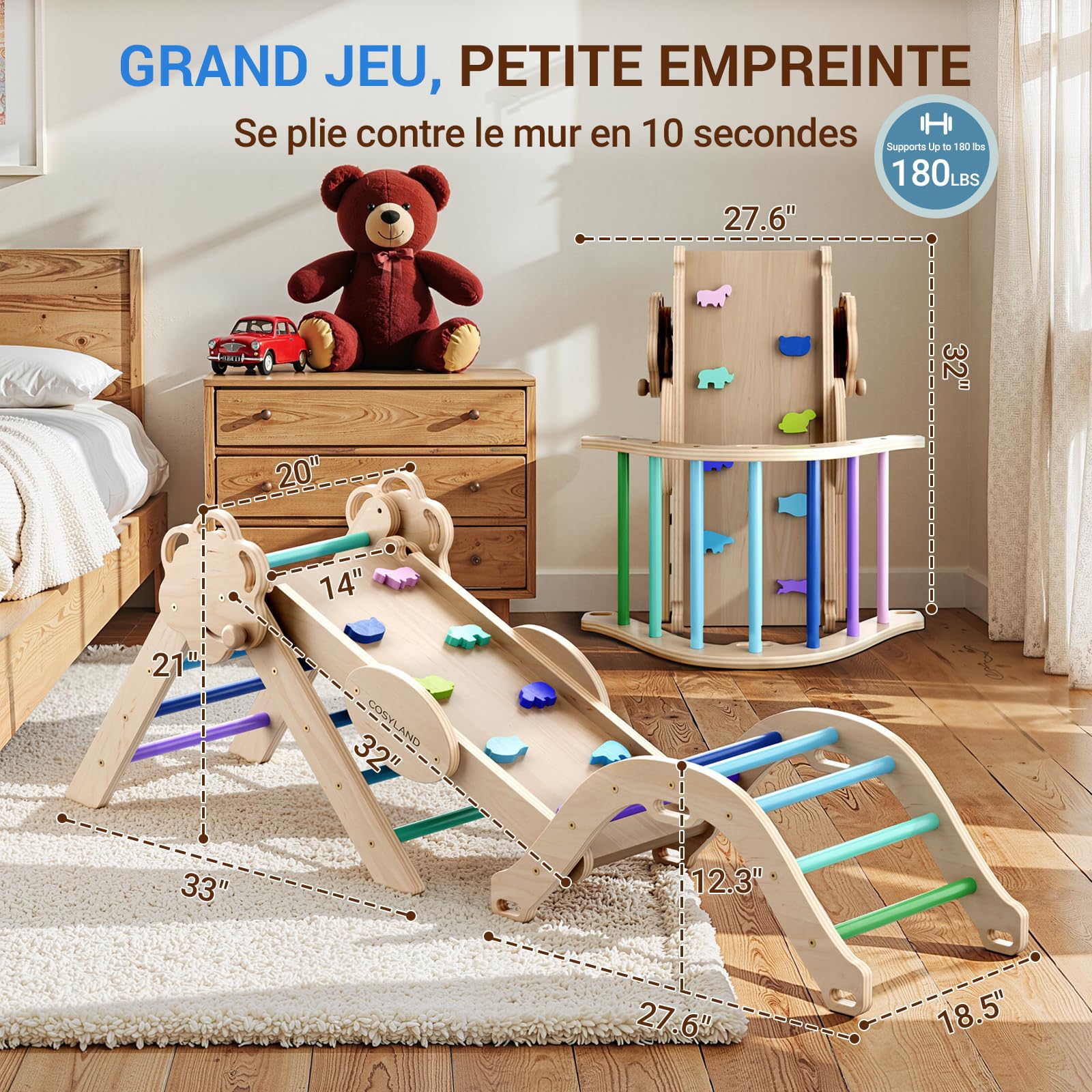 COSYLAND Triangle d’Escalade Montessori 8-en-1 – Arche Pliable en Bois, Parcours de Motricité pour Enfants 1–3 Ans, Structure Stable, Charge 80 kg, Coffret Cadeau Coloré (Froid)