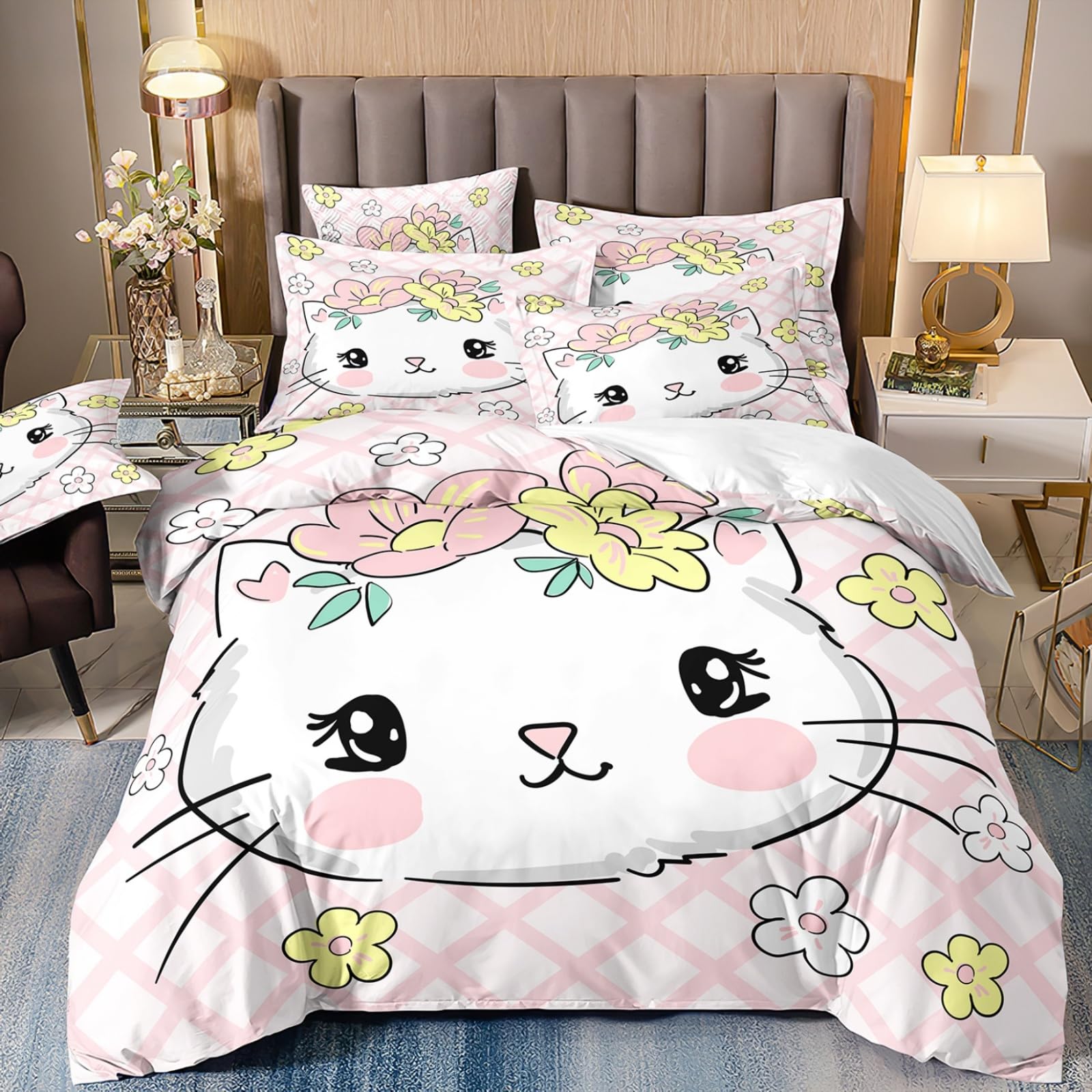 Housse de couette 135x200 microfibre chat rose blanc avec fermeture éclair et taies