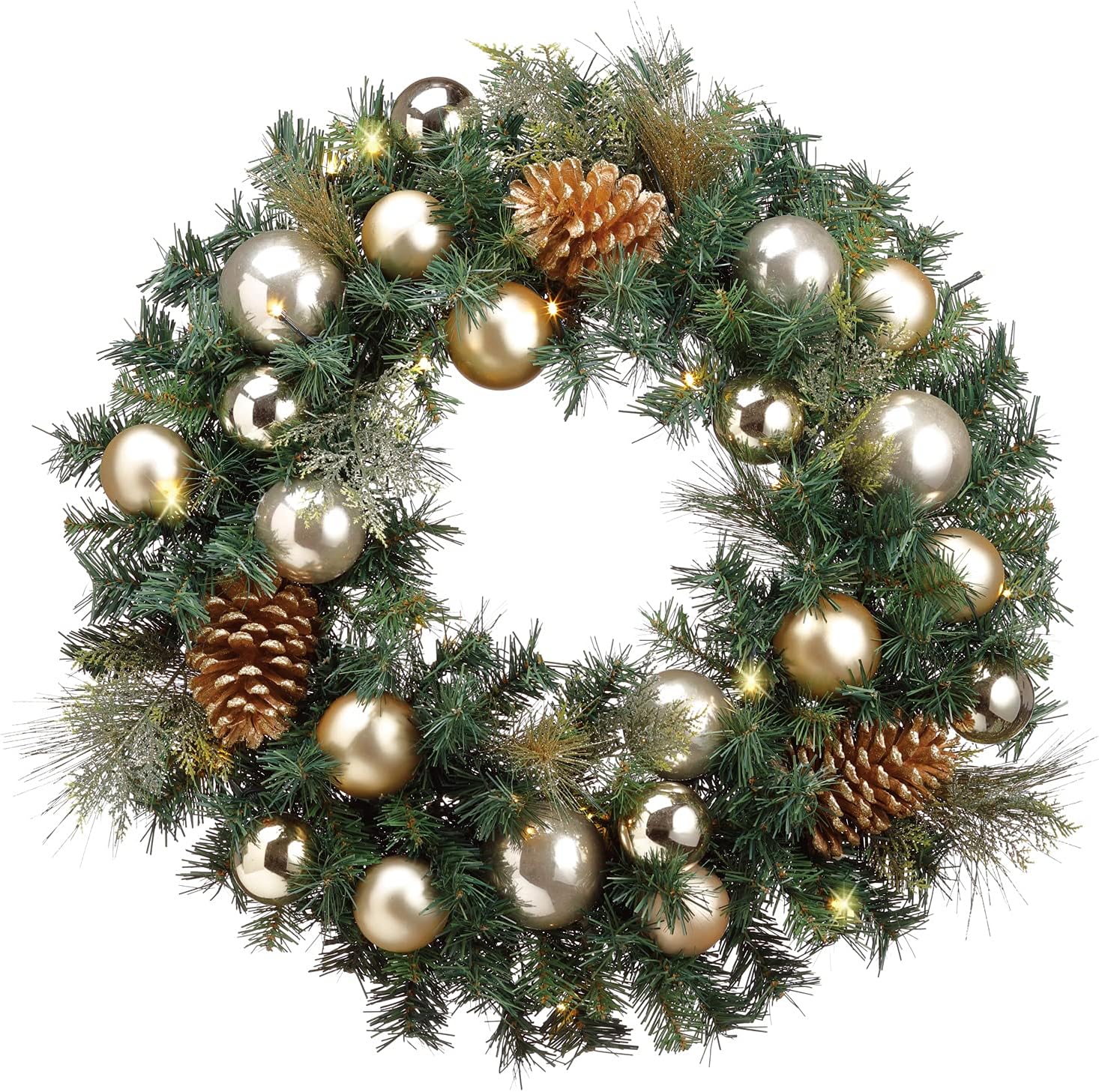 Christmas Mixed Pine Lighted Wreath with Pine Cones and Ornaments, 24 Inches, Battery Operated, Silver and Gold Sparkled Accents