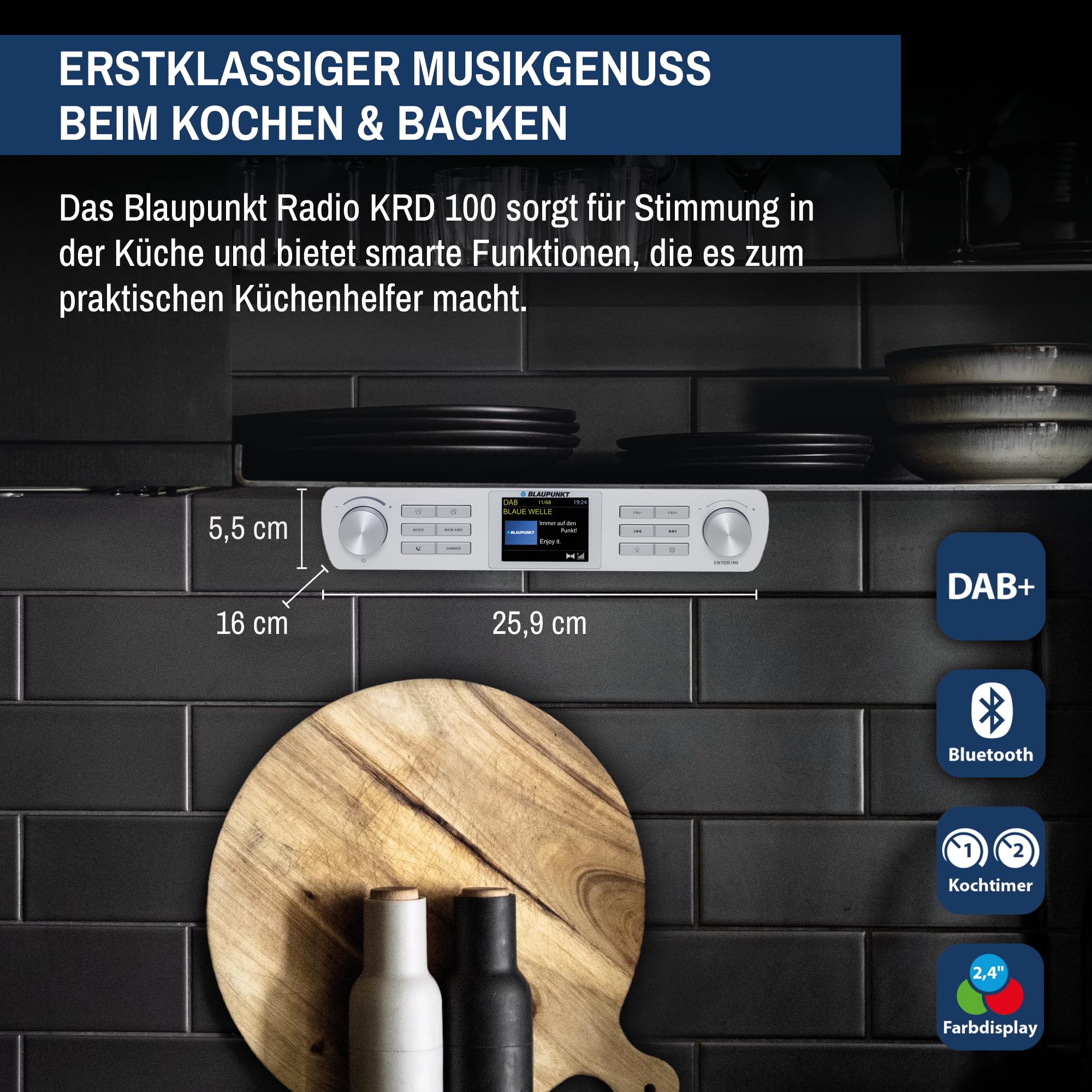 Blaupunkt KRD 100 Radio de cuisine Bluetooth avec DAB+ et FM, sous-comptoir numérique, multi-affichage, horloge, lumière LED, 2 minuteries arrière, armoire blanche