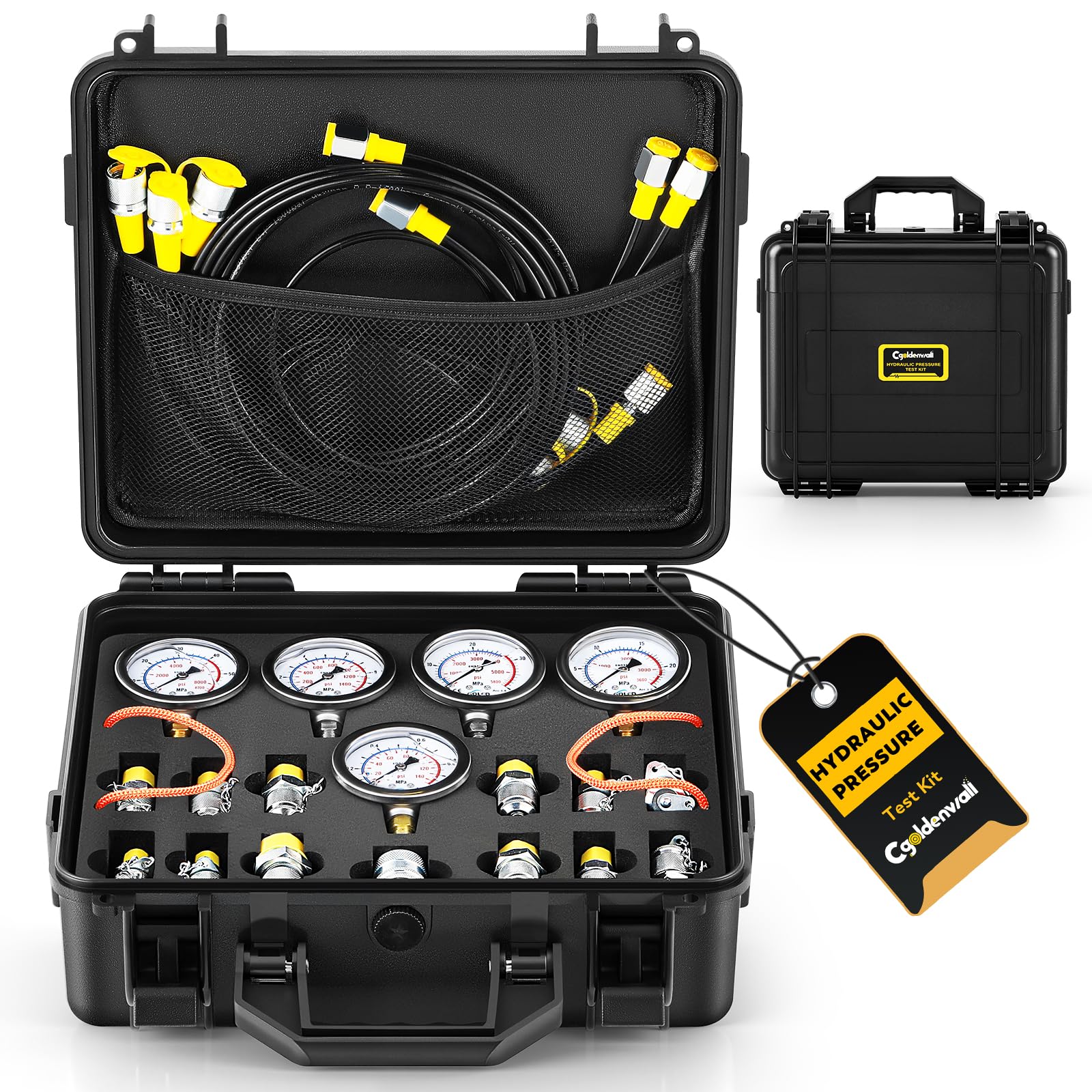CGOLDENWALL Kit de Test de Pression Hydraulique‌, 5 Manomètres (10/100/250/400/600bar), 13 Raccords, 14 Connecteurs en T, 5 Tuyaux, pour Excavateur/Construction/Machineries/Mines
