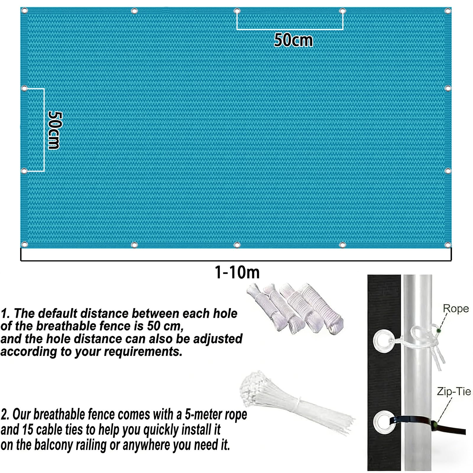 Telo Balcone 60 x 650 cm in HDPE 220G ㎡, Permeabile, Anti-Uv, Frangivento, Protezione Solare, Recinzione Copertura per Balcone con Fascette e Funi para Jardín Exterior, Blu