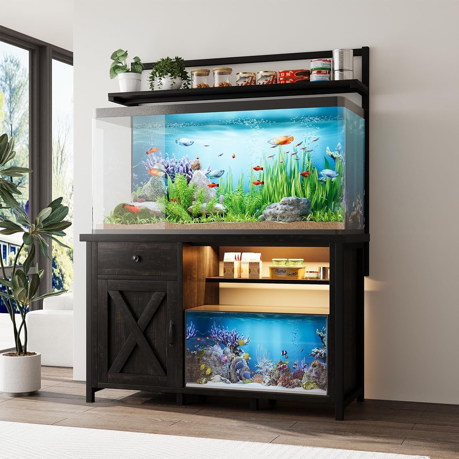 4ever2buy 55-75 Gallon Fish Tank Stand in Oak with ample storage space highlighted.